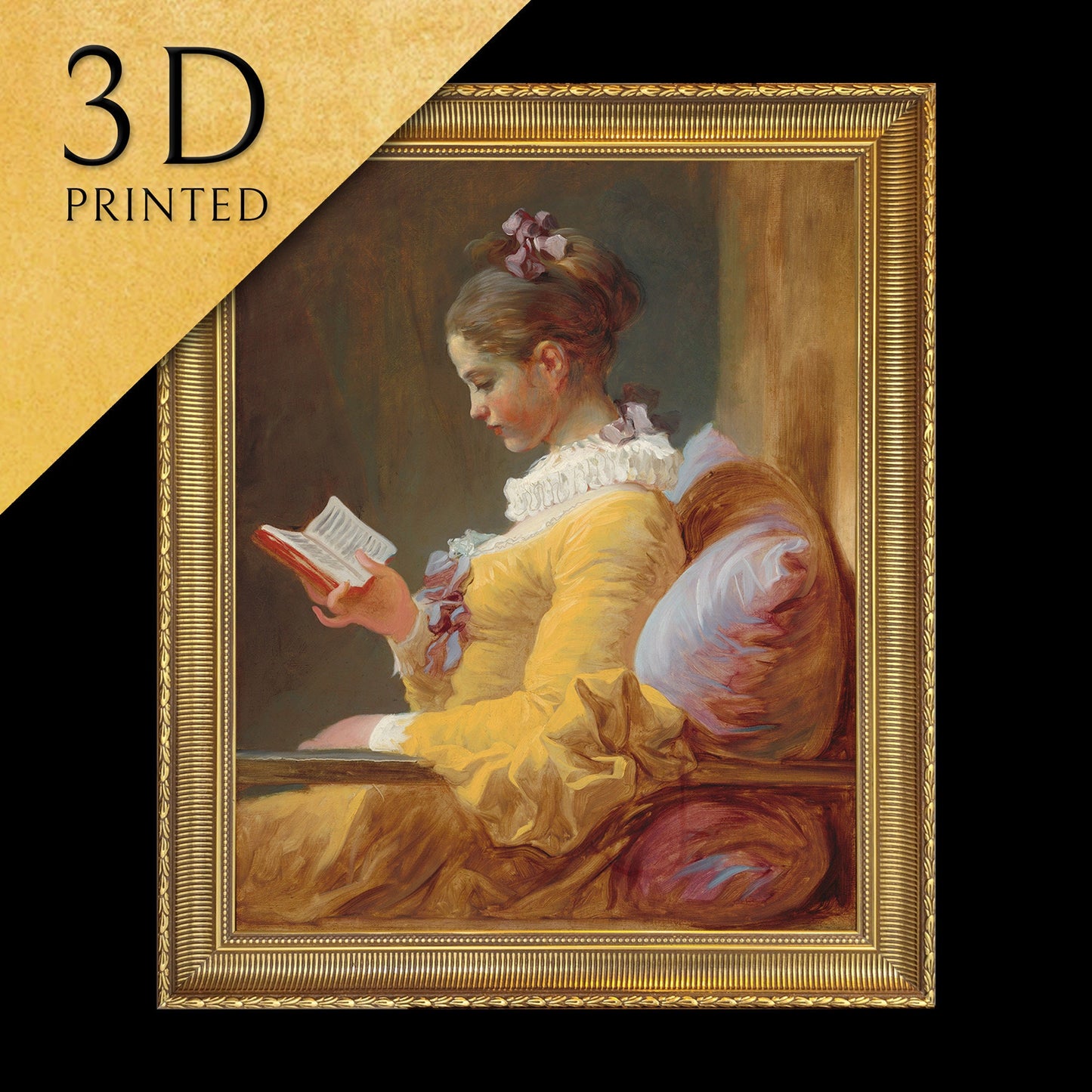 Young Girl Reading by Jean Honore Fragonard, 3d Printed with texture and brush strokes looks like original oil painting.