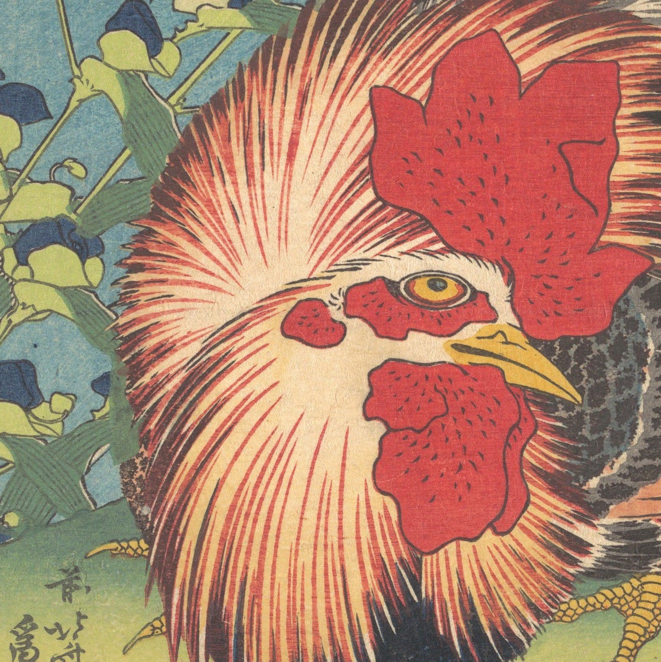 Rooster, Hen and Chicken with Spiderwort by Hokusai, 3d Printed with texture and brush strokes looks like original oil painting.