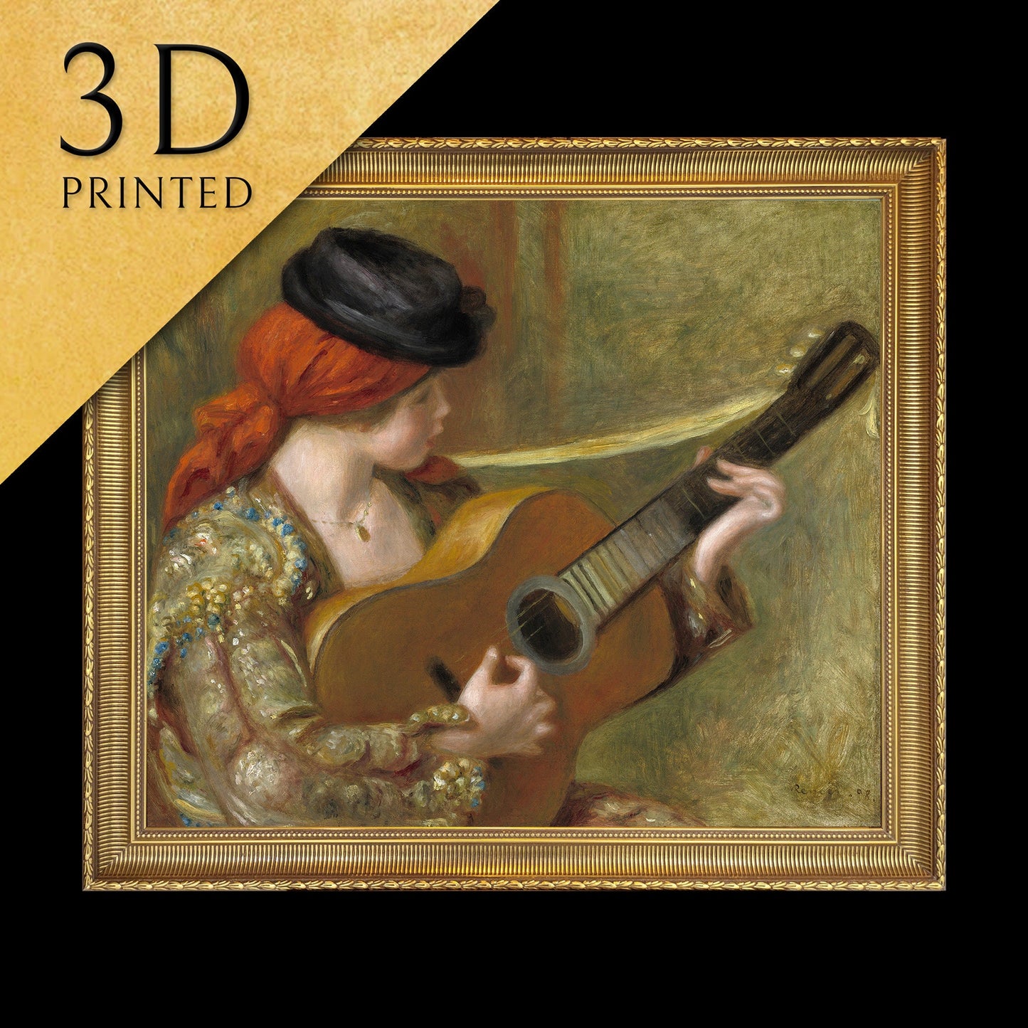 Young Spanish Woman with a Guitar by Pierre Renoir, 3d Printed with texture and brush strokes looks like original oil painting
