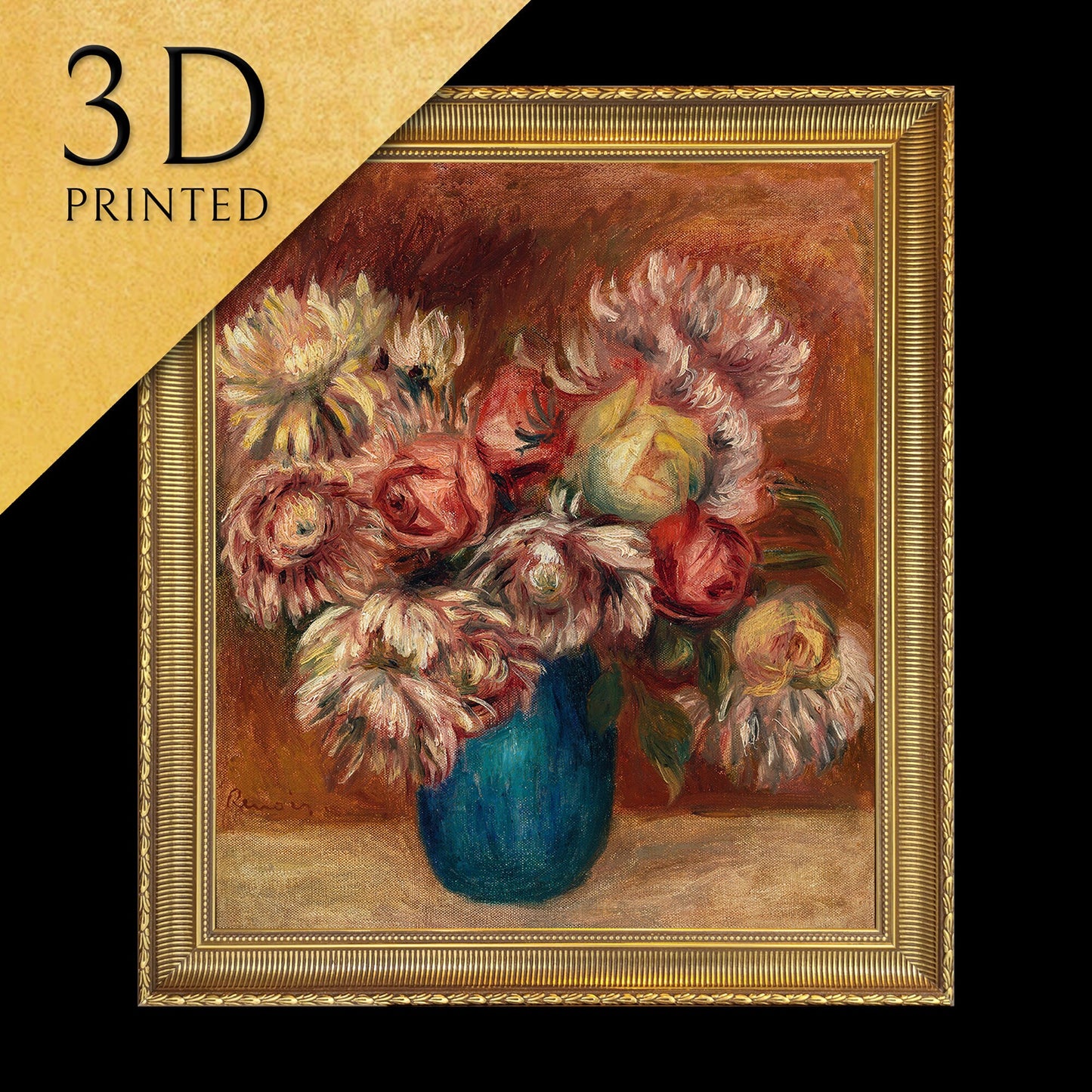 Flowers in a Green Vase by Pierre Auguste Renoir, 3d Printed with texture and brush strokes looks like original oil painting