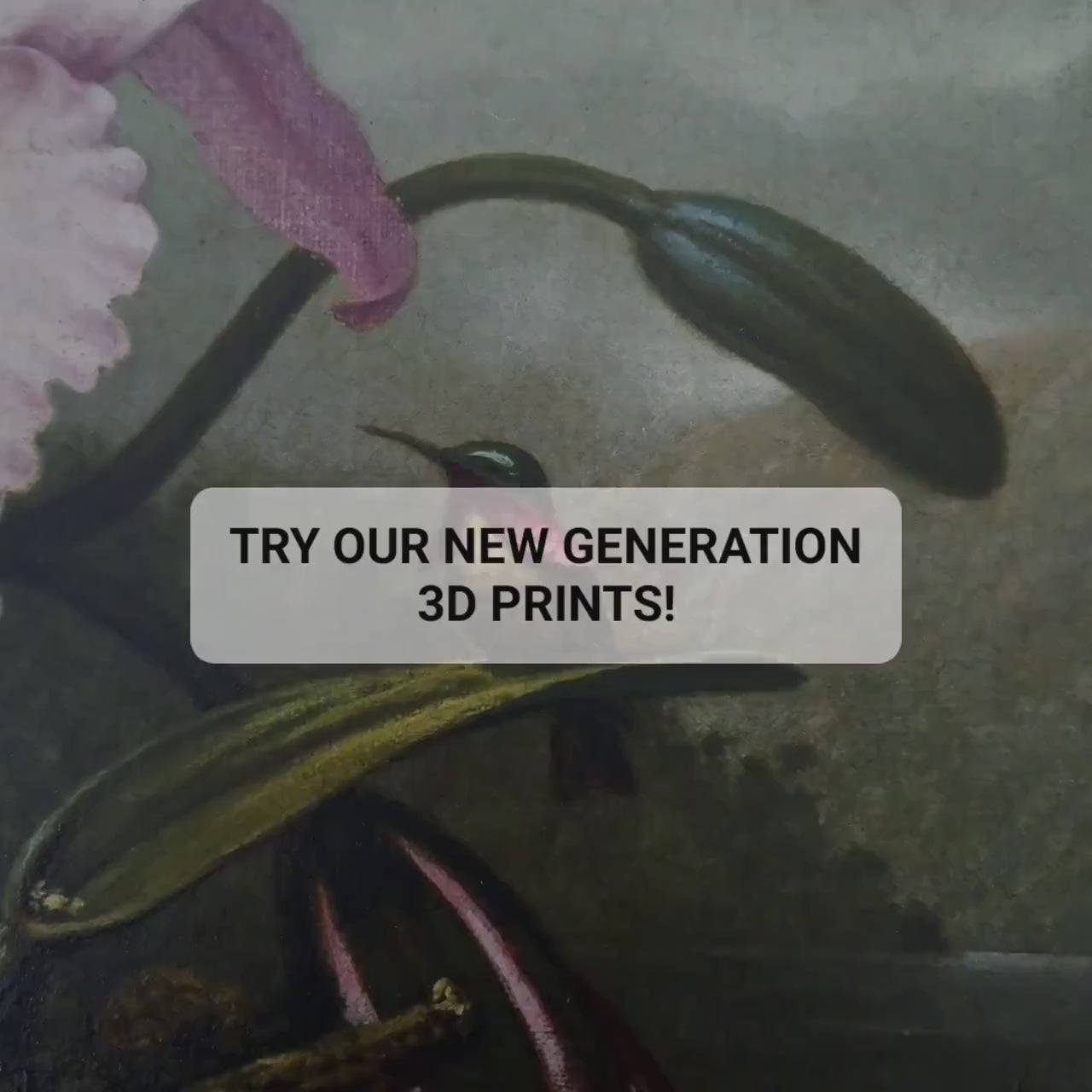 Orchid and Hummingbird by Martin Johnson Heade, 3d Printed with texture and brush strokes looks like original oil-painting, code:195
