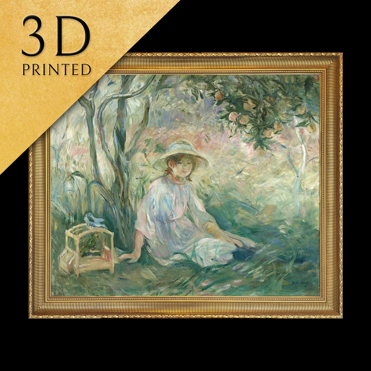 Berthe Morisot imzalı Portakal Ağacının Altında, doku ve fırça darbeleriyle 3 boyutlu baskı, orijinal yağlı boya tabloya benziyor, kod:082