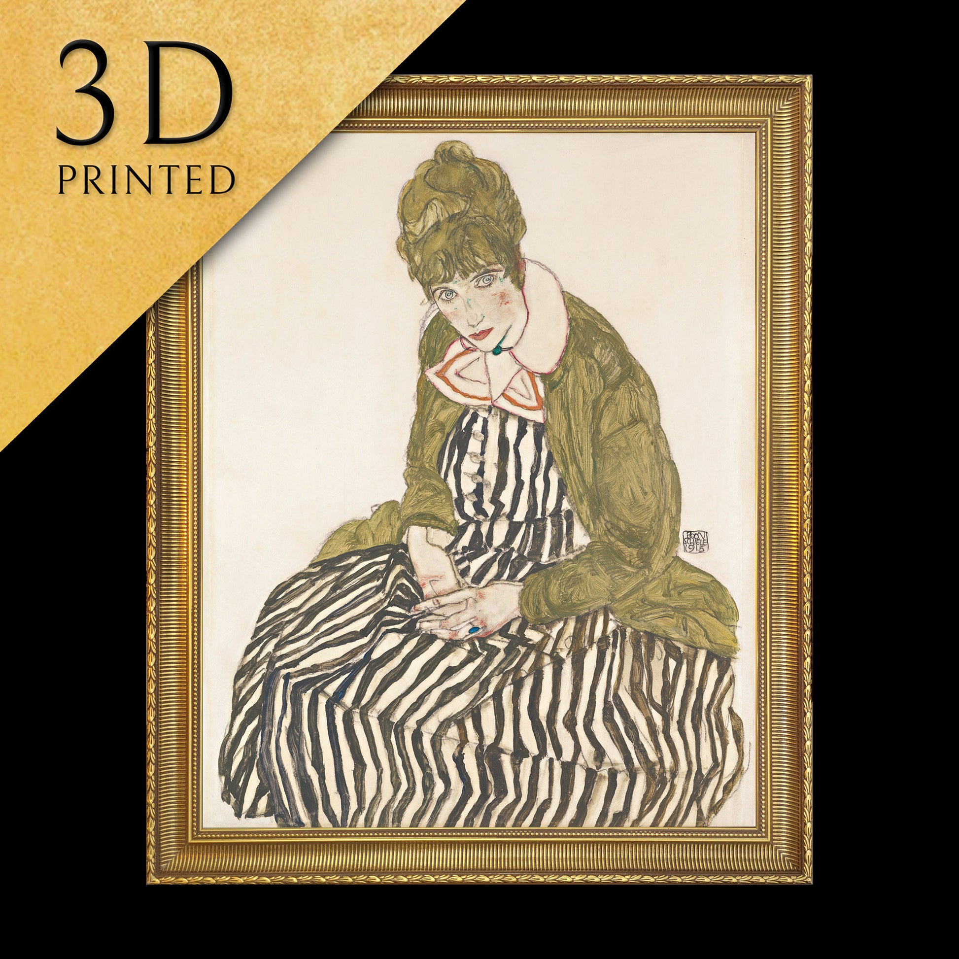 Edith with Striped Dress, Sitting by Egon Schiele, 3d Printed with texture and brush strokes looks like original oil painting