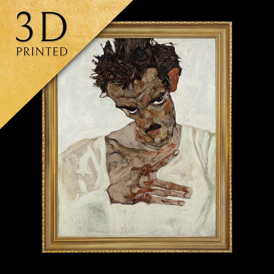 Self Portrait with Lowered Head by Egon Schiele, 3d Printed with texture and brush strokes looks like original oil painting