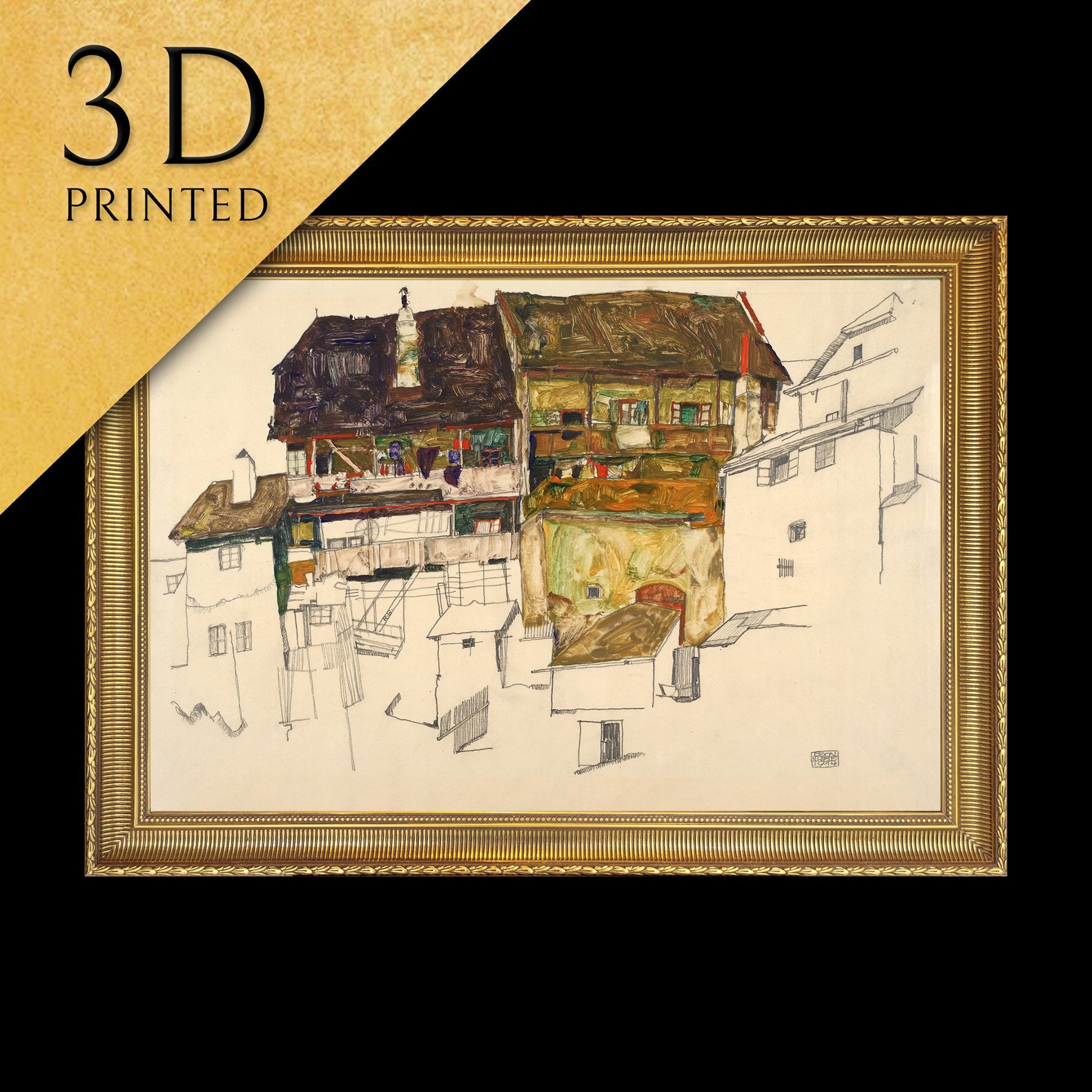 Old Houses in Krumaup by Egon Schiele, 3d Printed with texture and brush strokes looks like original oil painting