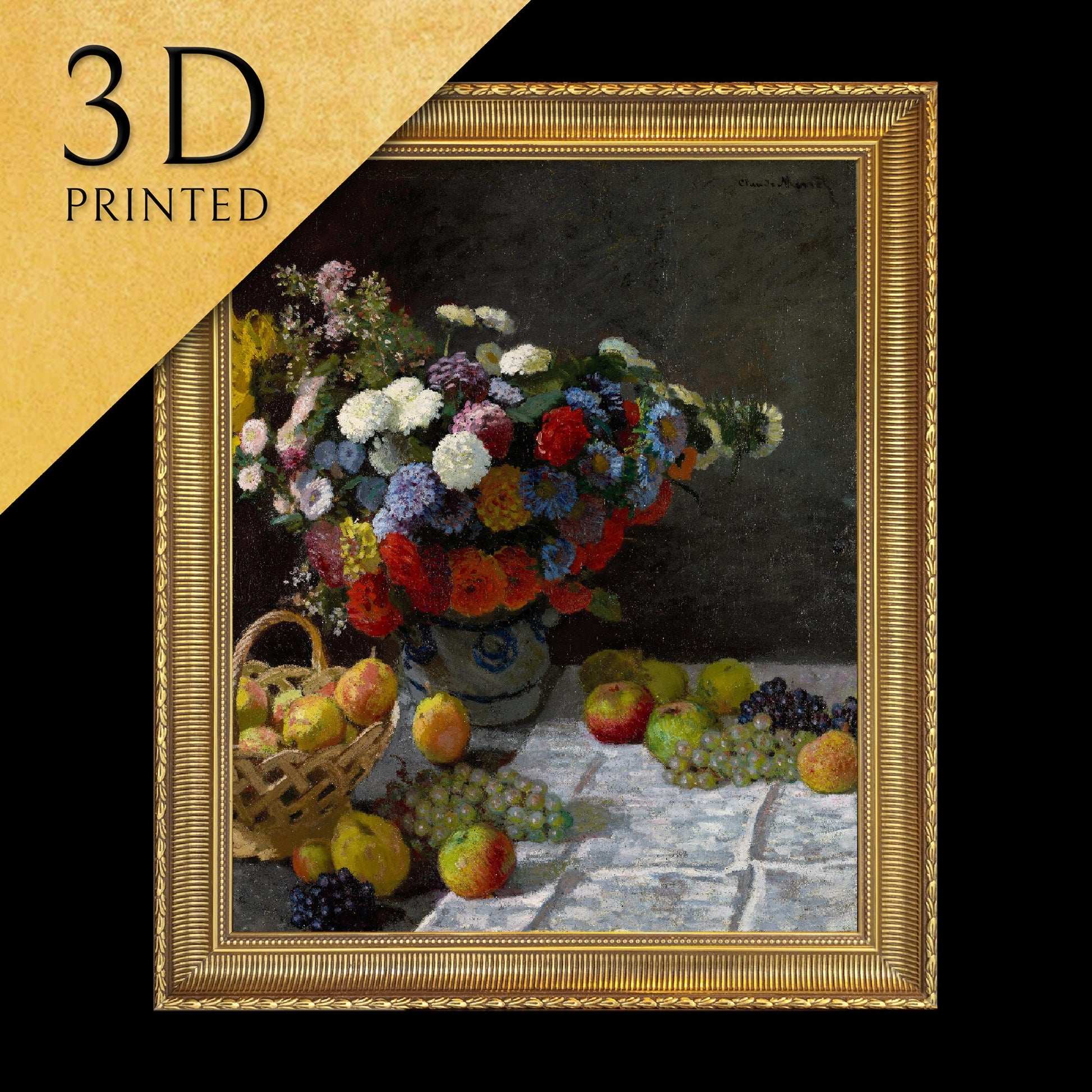 Still Life with Flowers and Fruit by Claude Monet, 3d Printed with texture and brush strokes looks like original oil painting