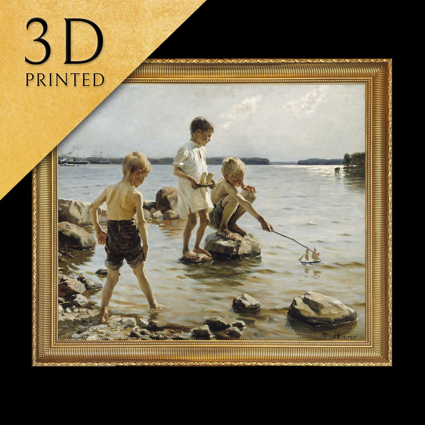 Boys Playing on the Shore by Albert Edelfelt, 3d Printed with texture and brush strokes looks like original oil painting