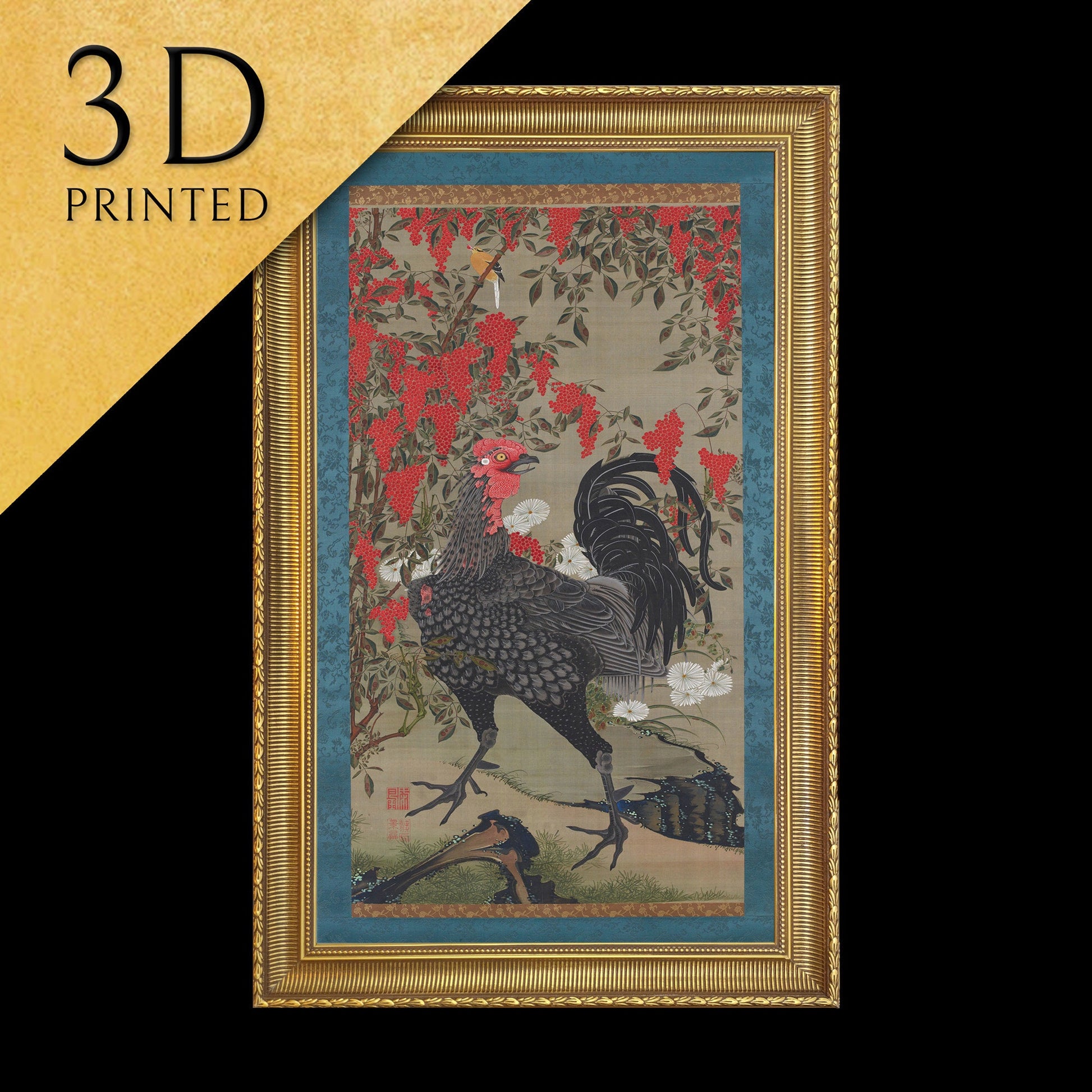 Black Rooster and Nandin by Ito Jakuchu, 3d Printed with texture and brush strokes looks like original oil painting