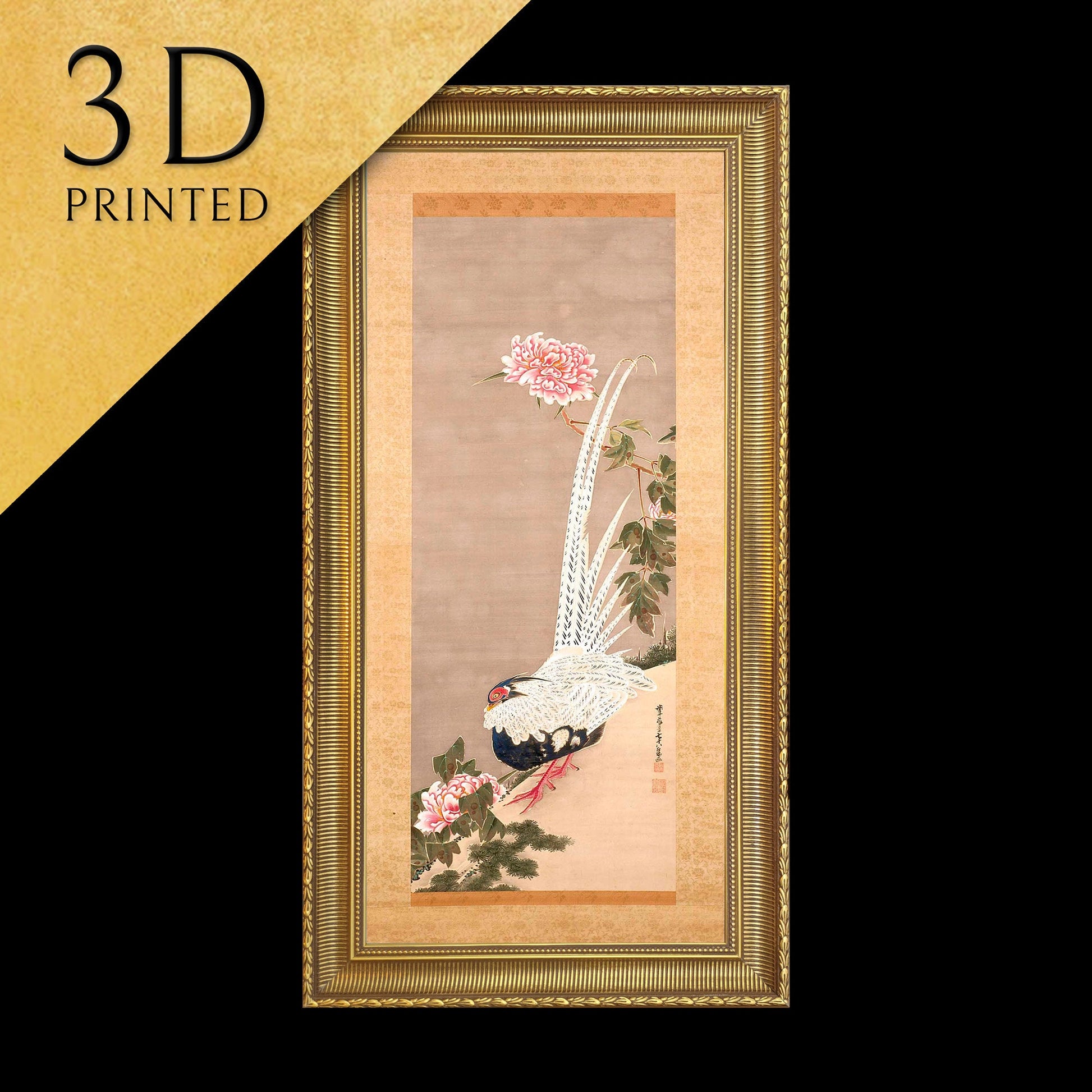 Silver Pheasant and Peonies by Ito Jakuchu, 3d Printed with texture and brush strokes looks like original oil painting