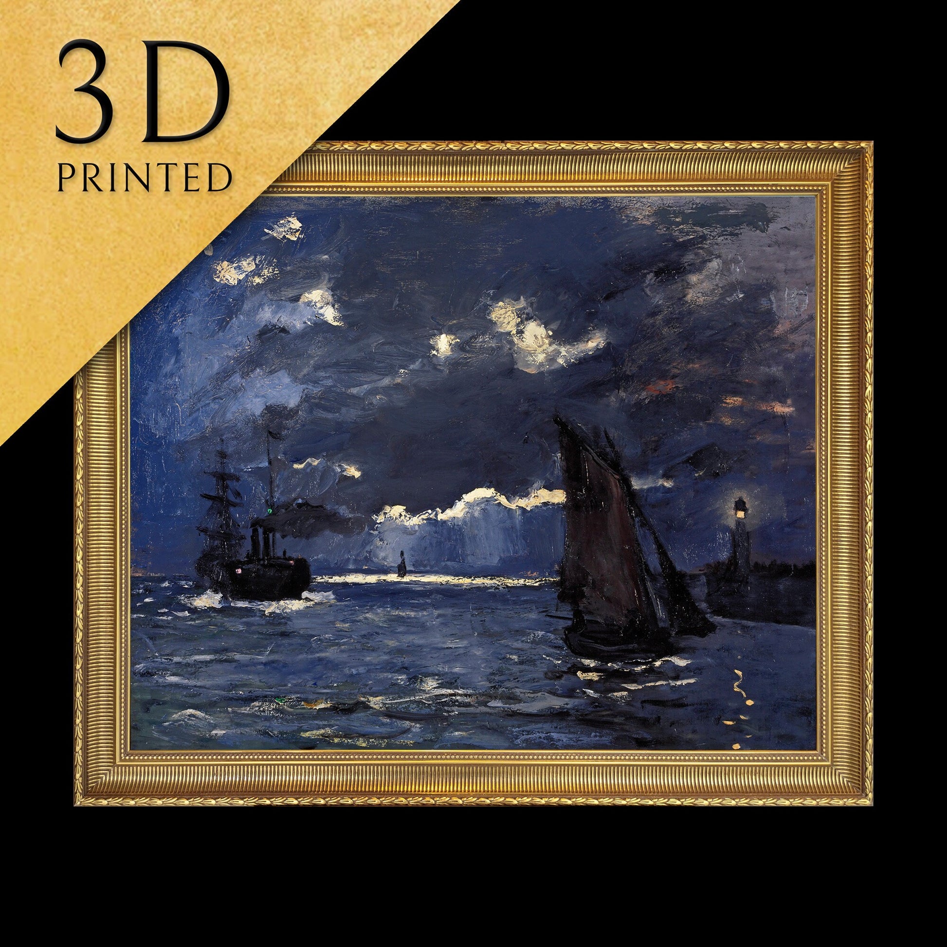 A Seascape, Shipping by Moonlight by Claude Monet, 3d Printed with texture and brush strokes looks like original oil painting