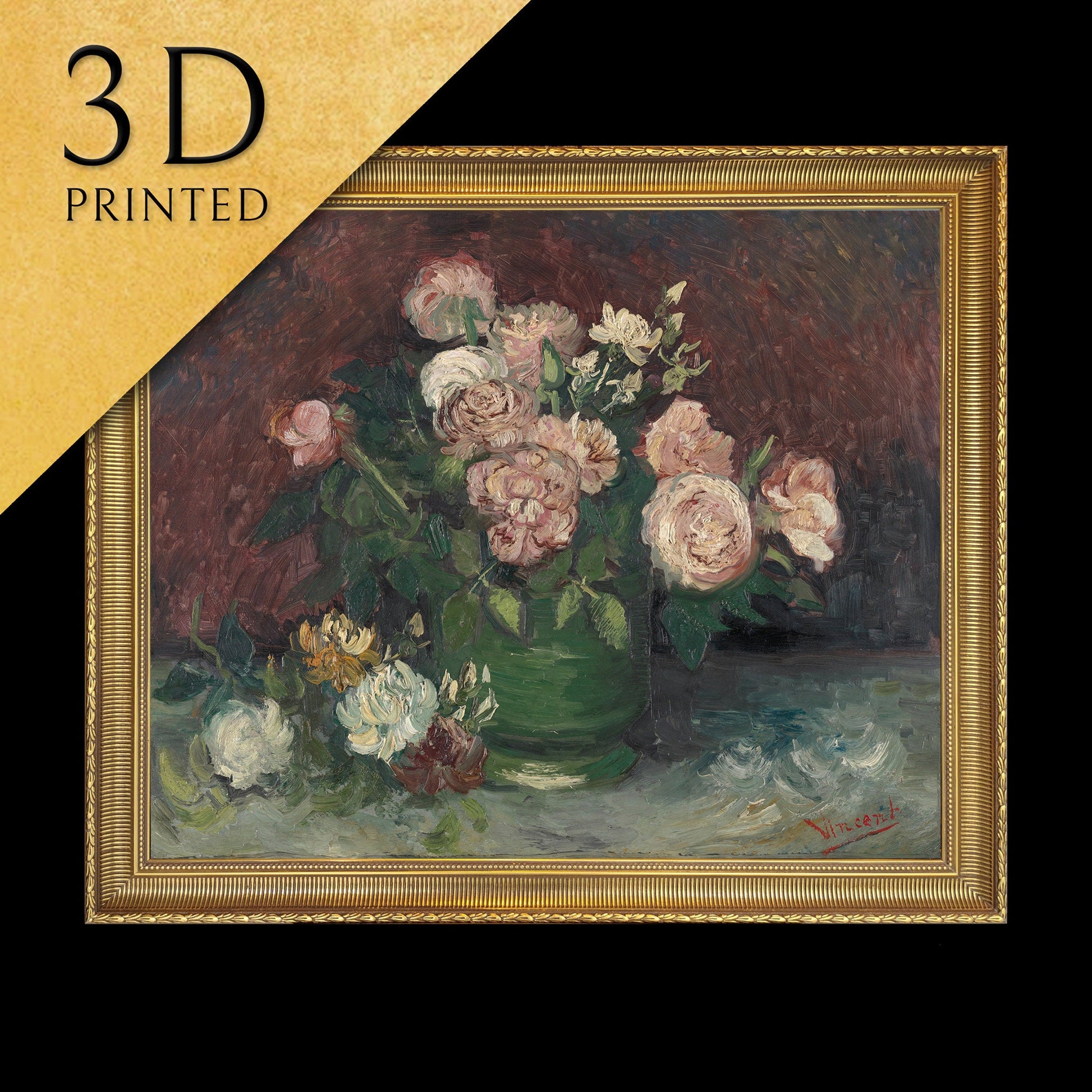 Roses and Peonies by Vincent Van Gogh, 3d Printed with texture and brush strokes looks like original oil painting