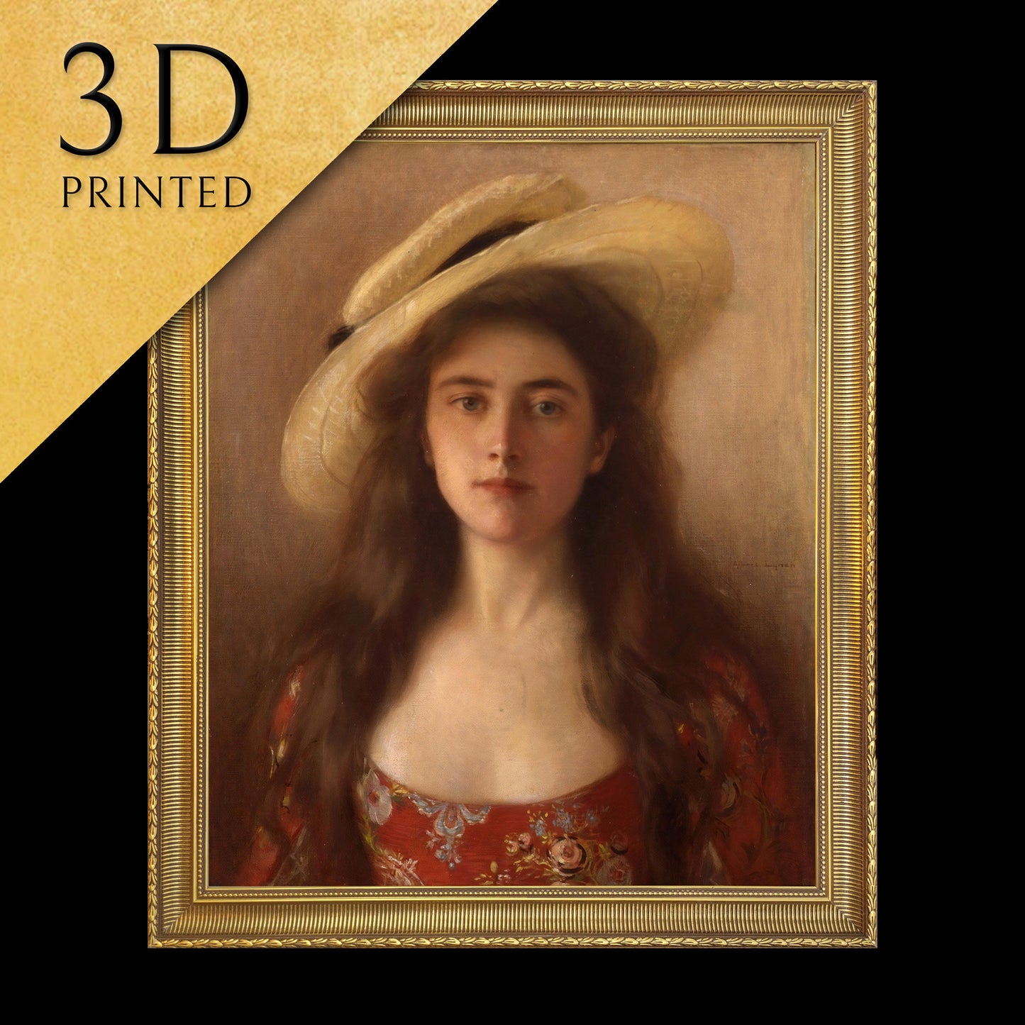 Young Woman in a Straw Hat by Alberth Lynch, 3d Printed with texture and brush strokes looks like original oil painting