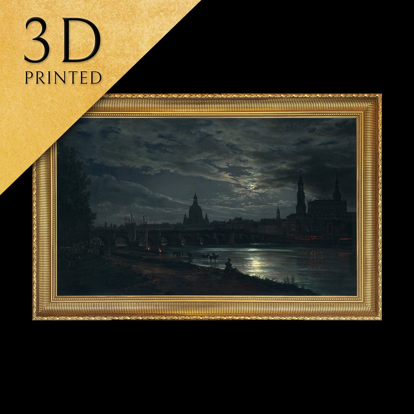 View of Dresden by Moonlight by Johan Christian Dahl, 3d Printed with texture and brush strokes looks like original oil painting