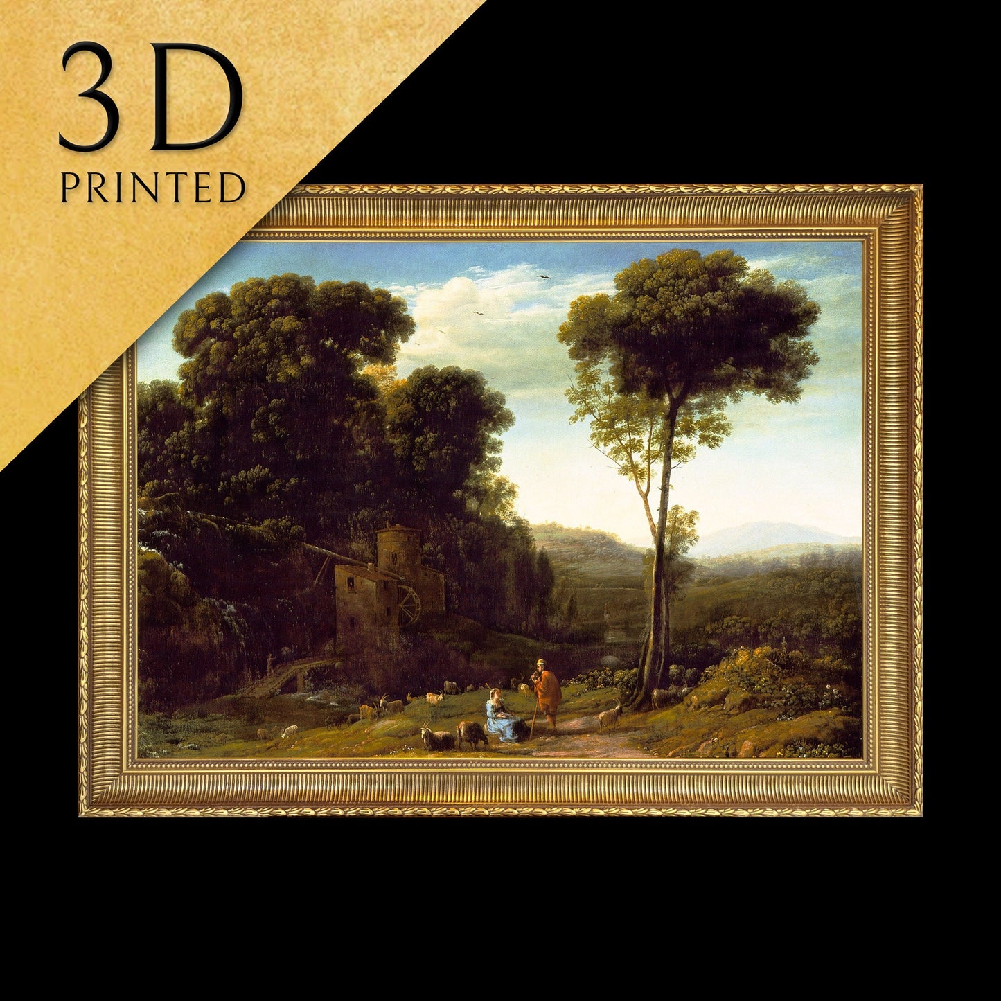 Pastoral Landscape with a Mill by Claude Lorrain, 3d Printed with texture and brush strokes looks like original oil painting