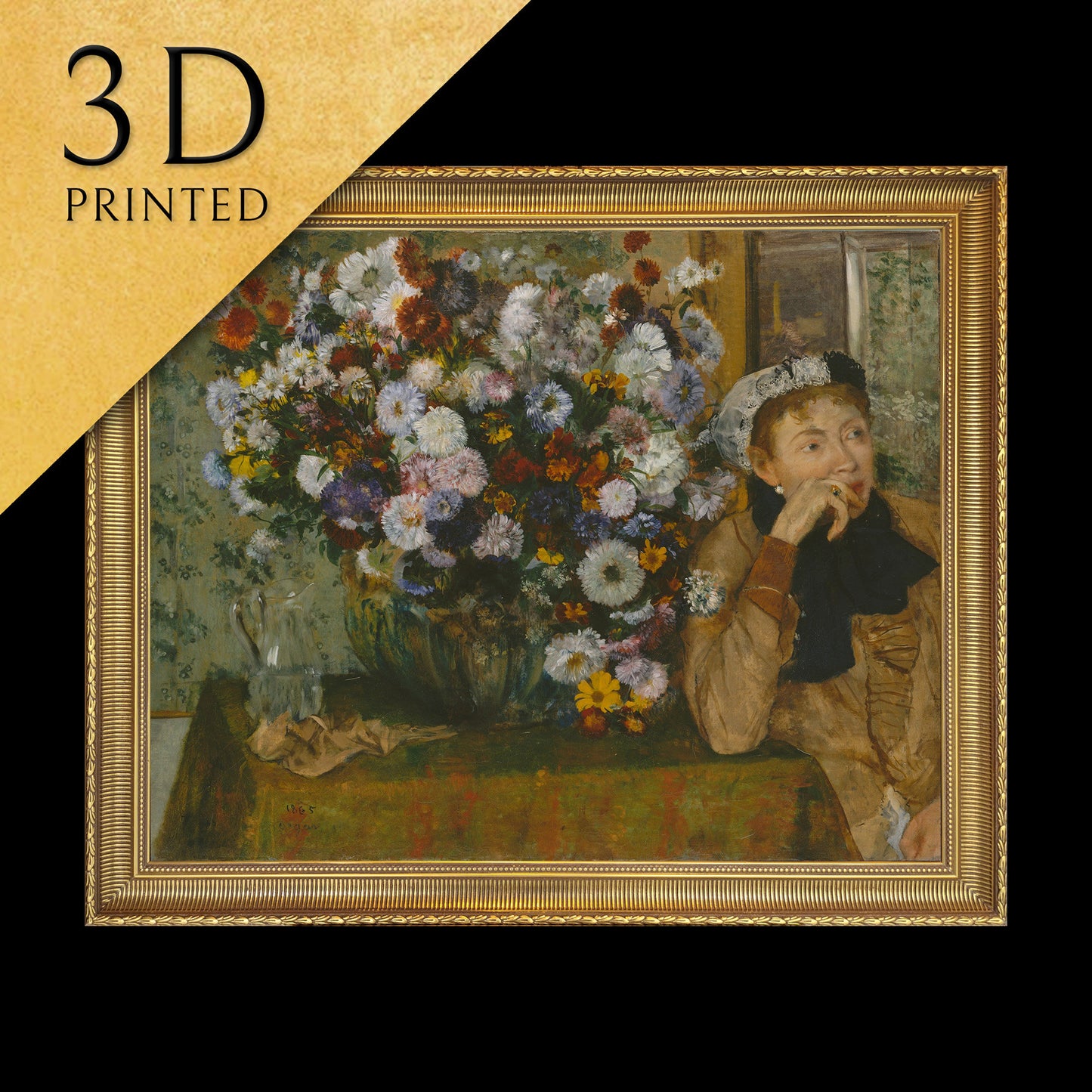 A Woman Seated beside a Vase of Flowers by Edgar Degas, 3d Printed with texture and brush strokes looks like original oil painting.