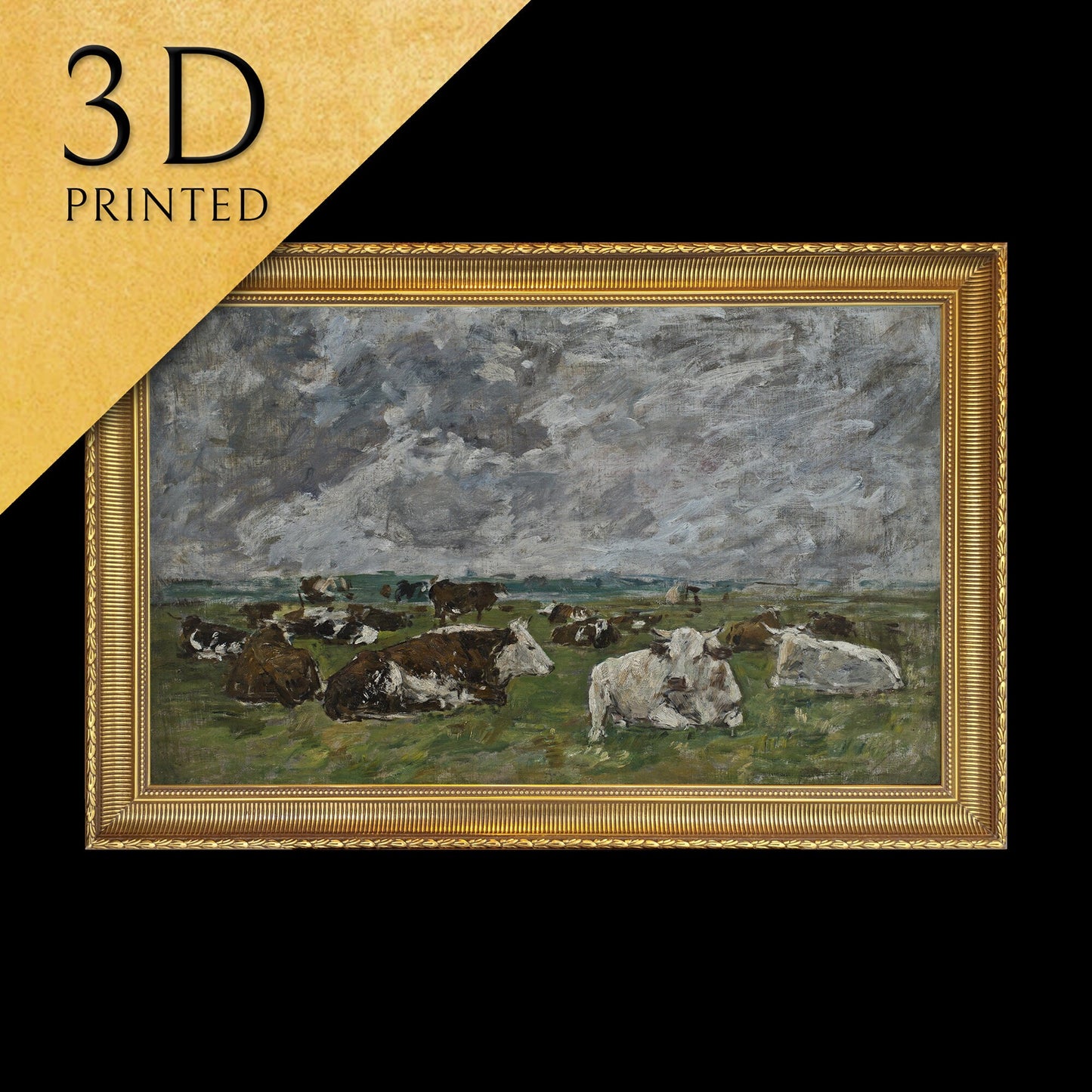 Troupeau de vaches sous un ciel orageux by Eugene Boudin, 3d Printed with texture and brush strokes looks like original oil painting