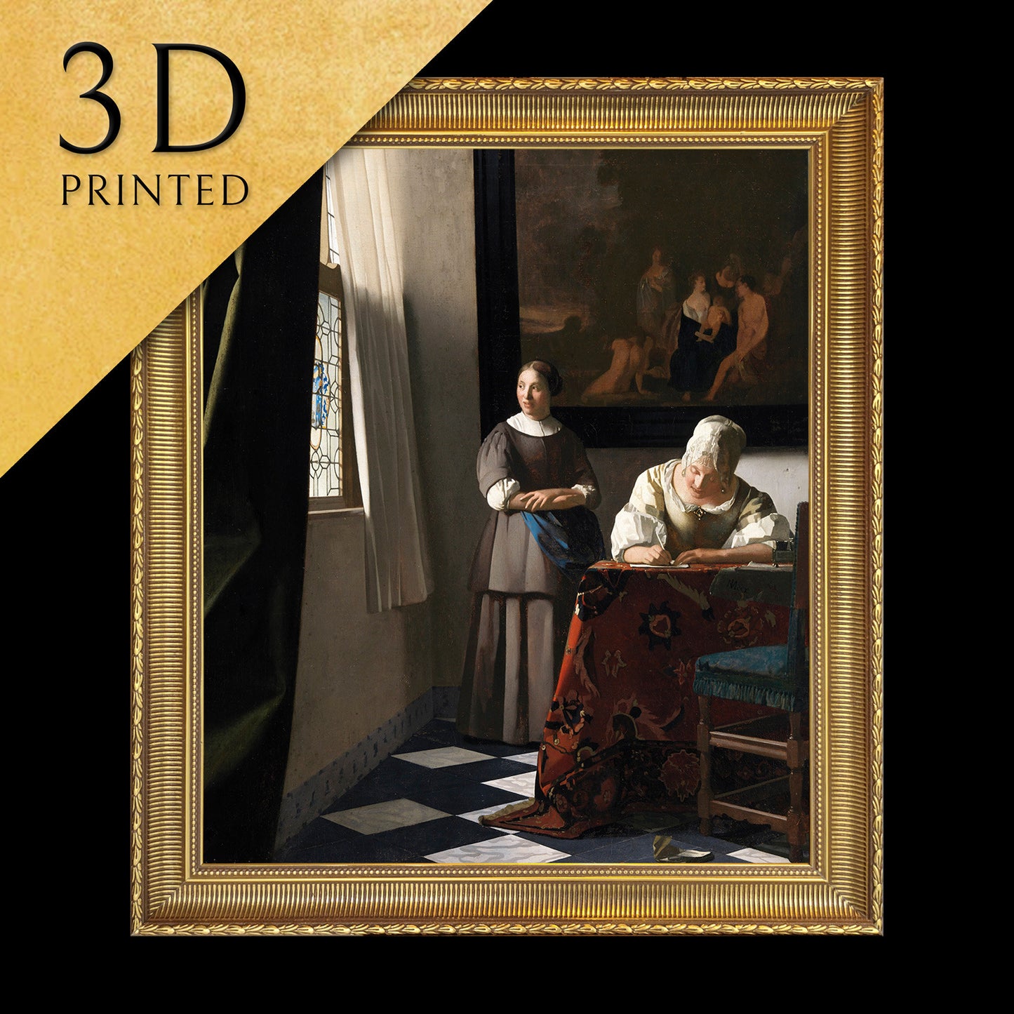 Woman Writing a Letter with her Maid by Johannes Vermeer, 3d Printed with texture and brush strokes looks like original oil painting