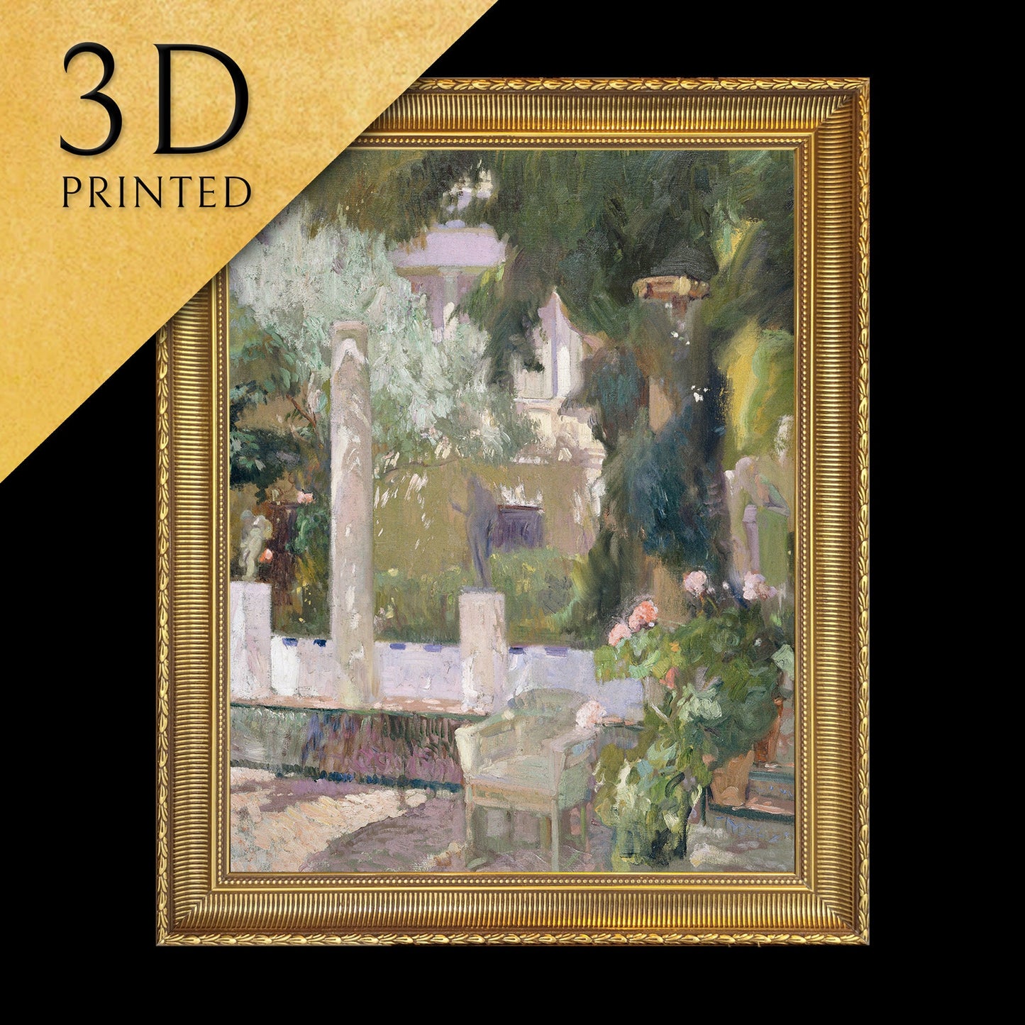 The Gardens at the Sorolla Family by Joaquin Sorolla, 3d Printed with texture and brush strokes looks like original oil painting