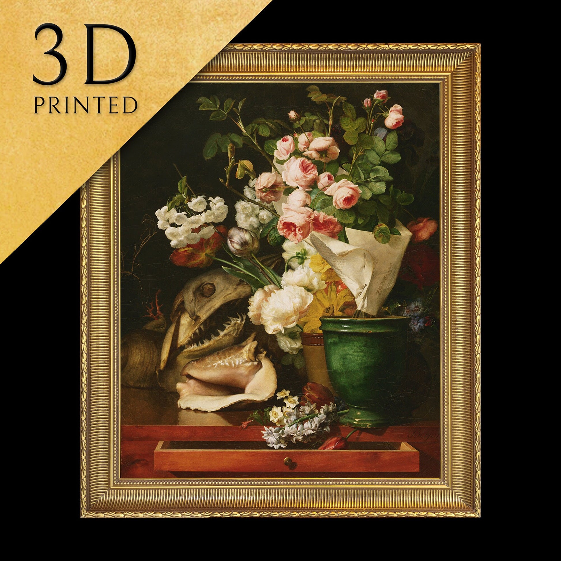 Still Life with Flowers by Antoine Berjon, 3d Printed with texture and brush strokes looks like original oil painting.