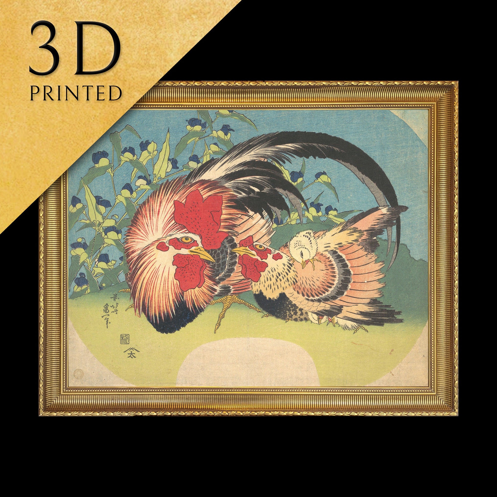 Rooster, Hen and Chicken with Spiderwort by Hokusai, 3d Printed with texture and brush strokes looks like original oil painting.