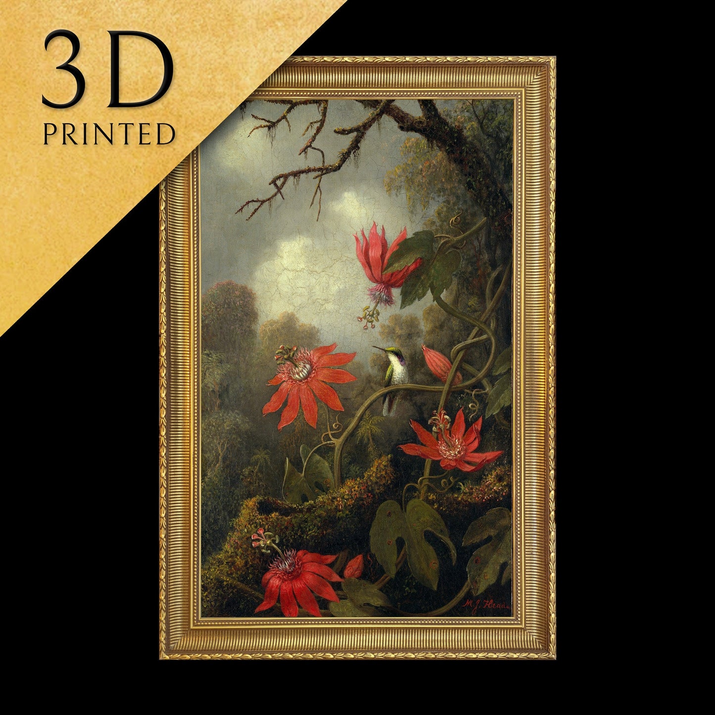 Hummingbird and Passionflowers by Martin Johnson Heade, 3d Printed with texture and brush strokes looks like original oil painting