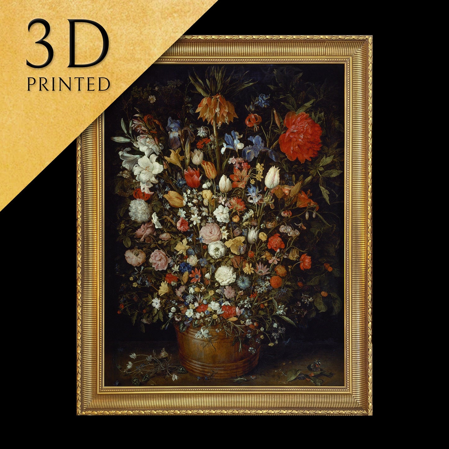 Flowers in a Wooden Vessel by Jan Brueghel, 3d Printed with texture and brush strokes looks like original oil painting.