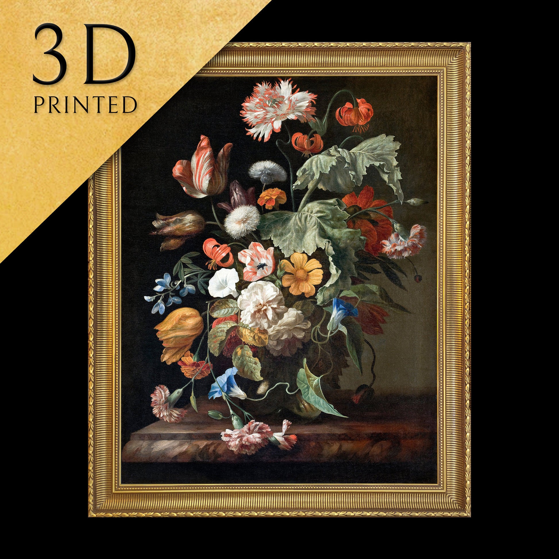 Still Life with Flowers by Rachel Ruysch, 3d Printed with texture and brush strokes looks like original oil painting.