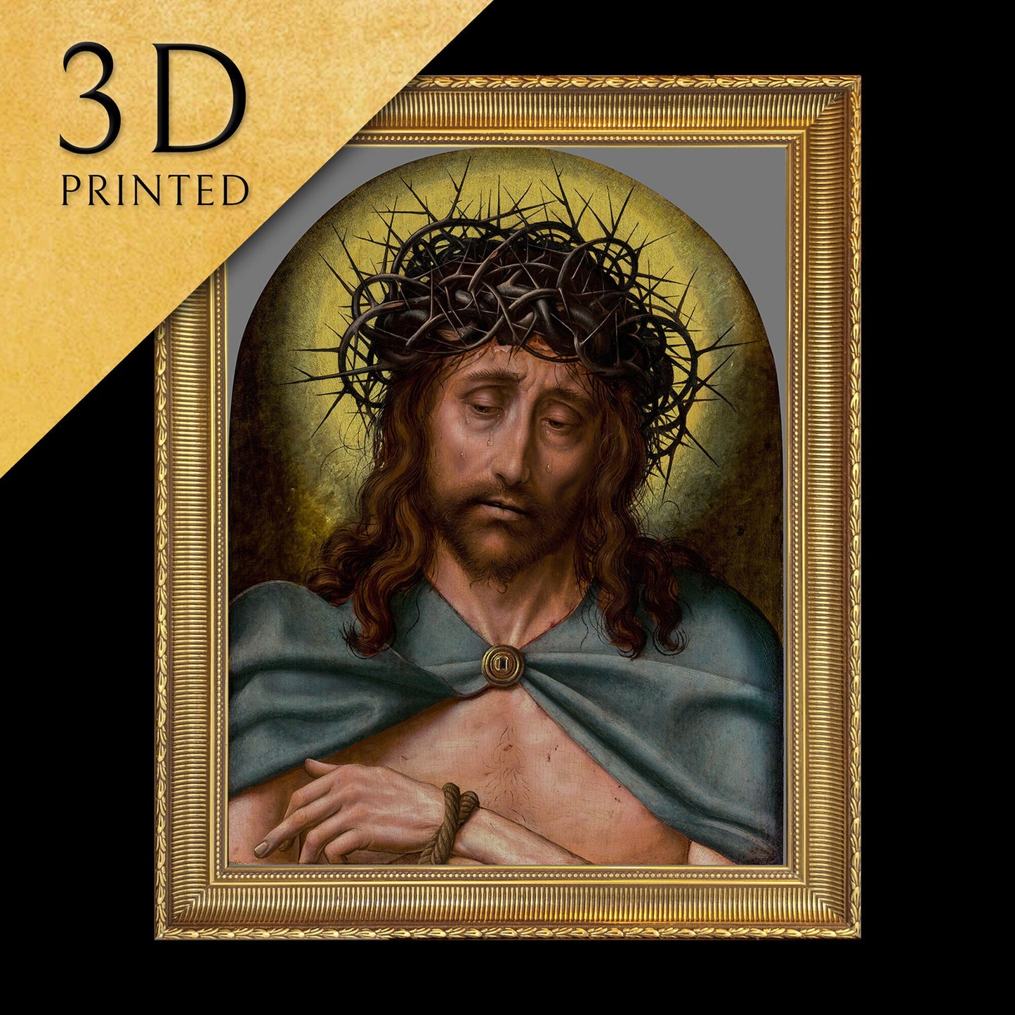 Christ as the Man of Sorrows by Quentin Massys, 3d Printed with texture and brush strokes looks like original oil painting.