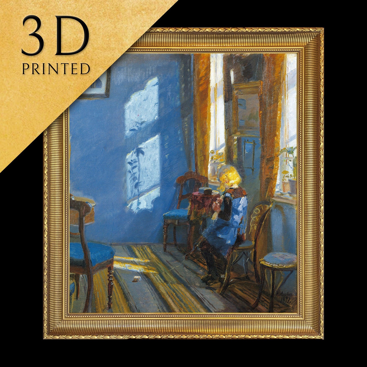 Sunlight in the blue room by Anna Ancher, 3d Printed with texture and brush strokes looks like original oil painting.