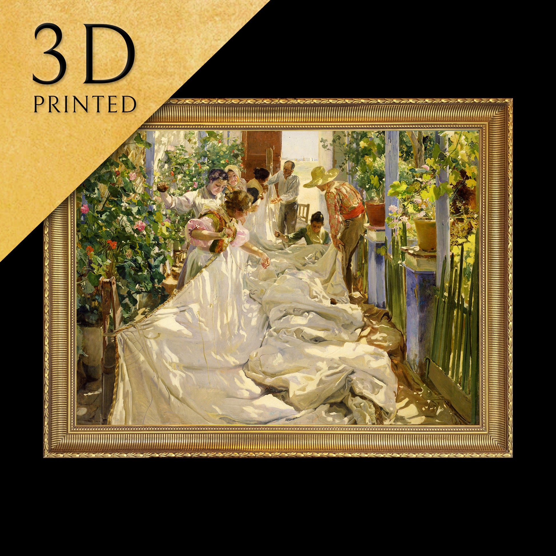 Sewing the Sail by Joaquin Sorolla, 3d Printed with texture and brush strokes looks like original oil painting.