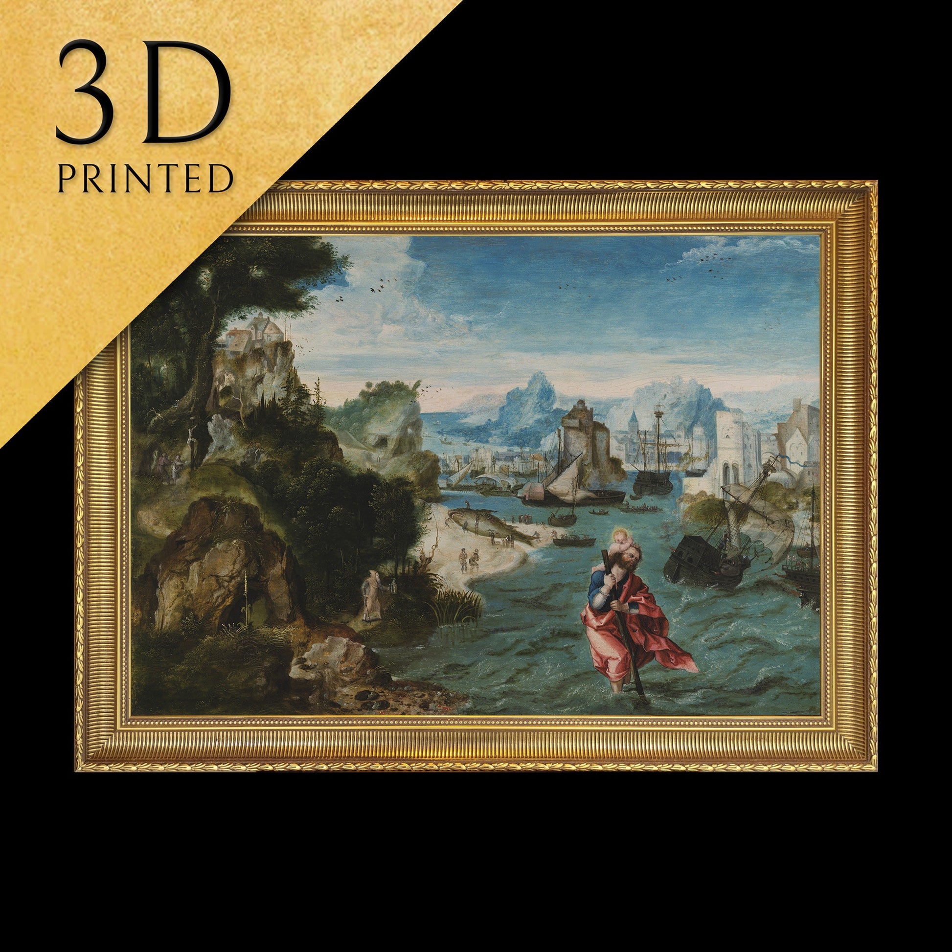 Landscape with Saint Christopher by Herri met de Bles, 3d Printed with texture and brush strokes looks like original oil painting.