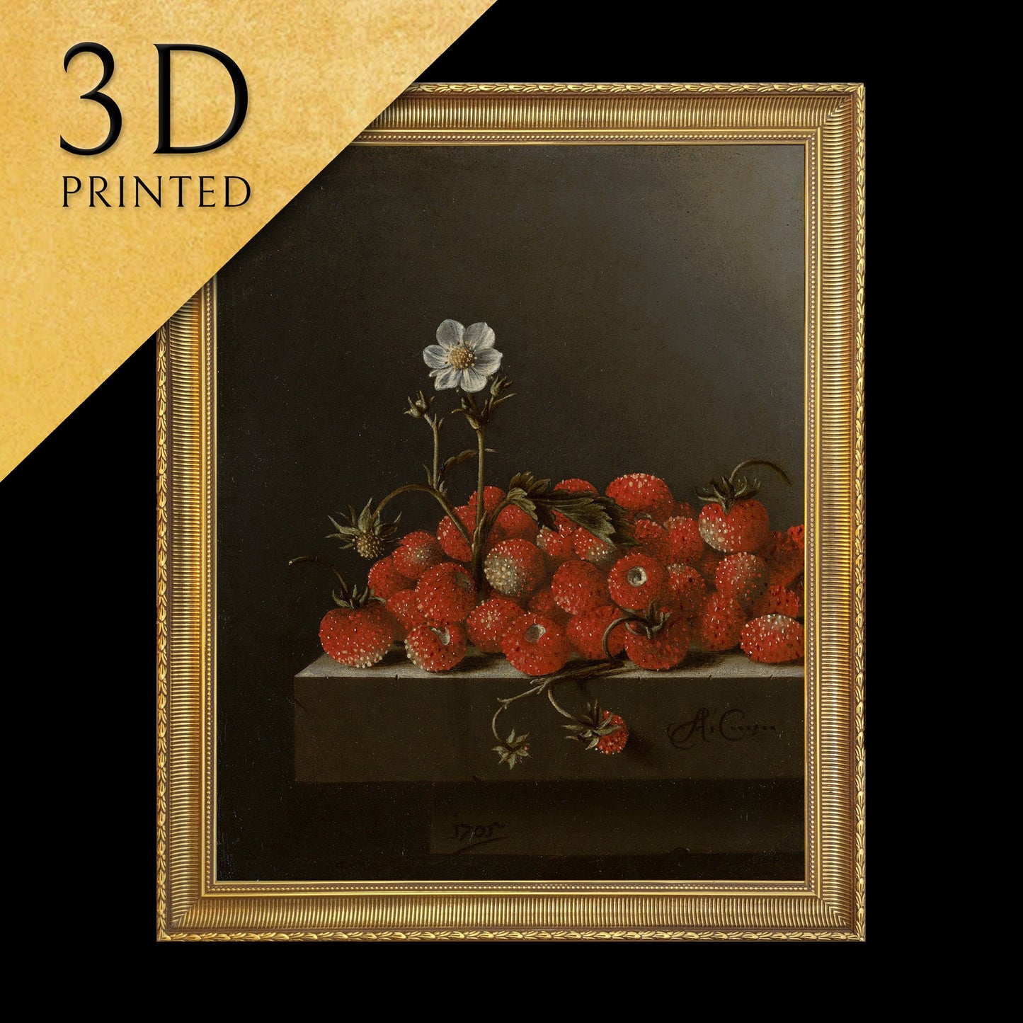 Still Life with Wild Strawberries by Coorte Adriaen, 3d Printed with texture and brush strokes looks like original oil painting.