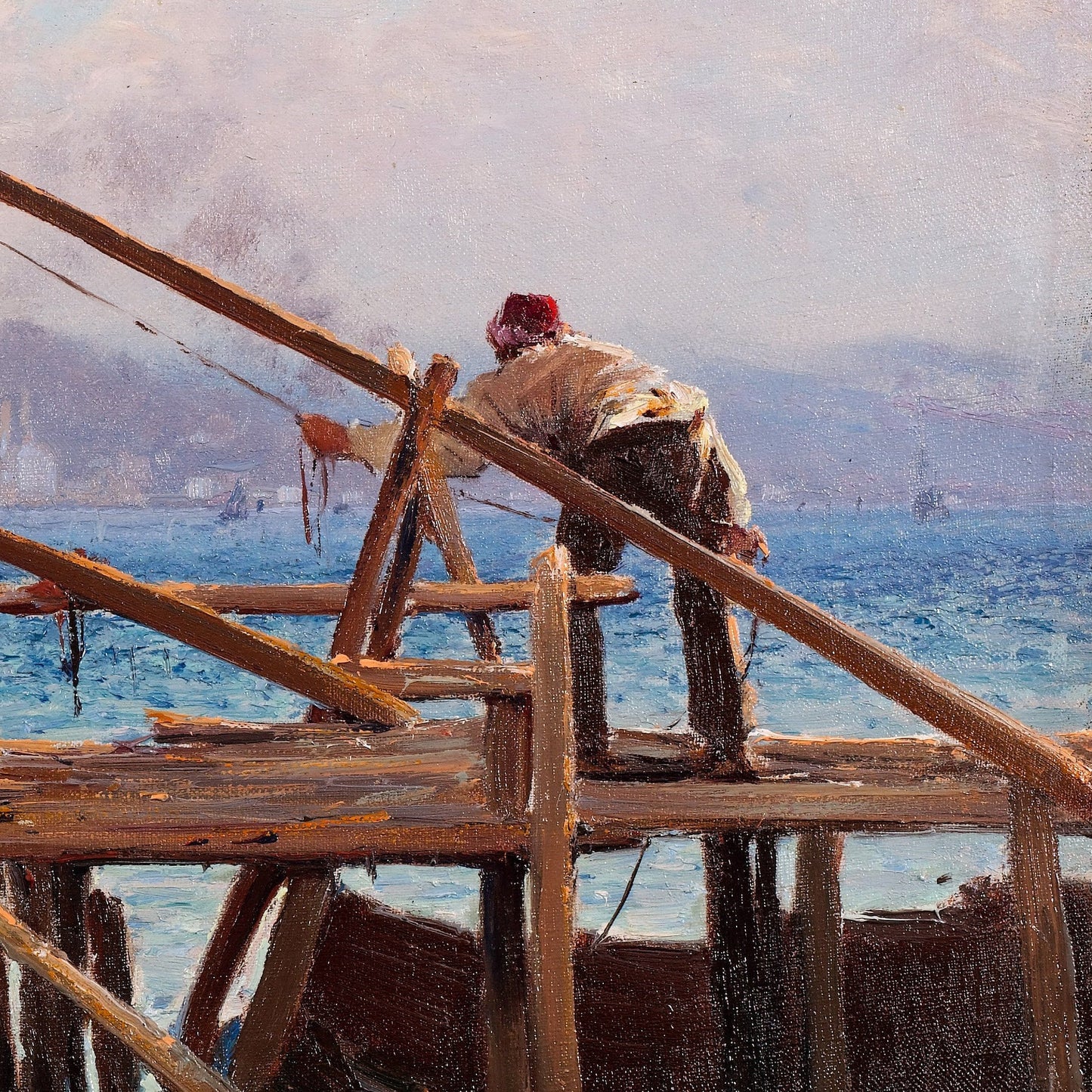 Fishermen Bringing in the Catch by Fausto Zonaro, 3d Printed with texture and brush strokes looks like original oil painting