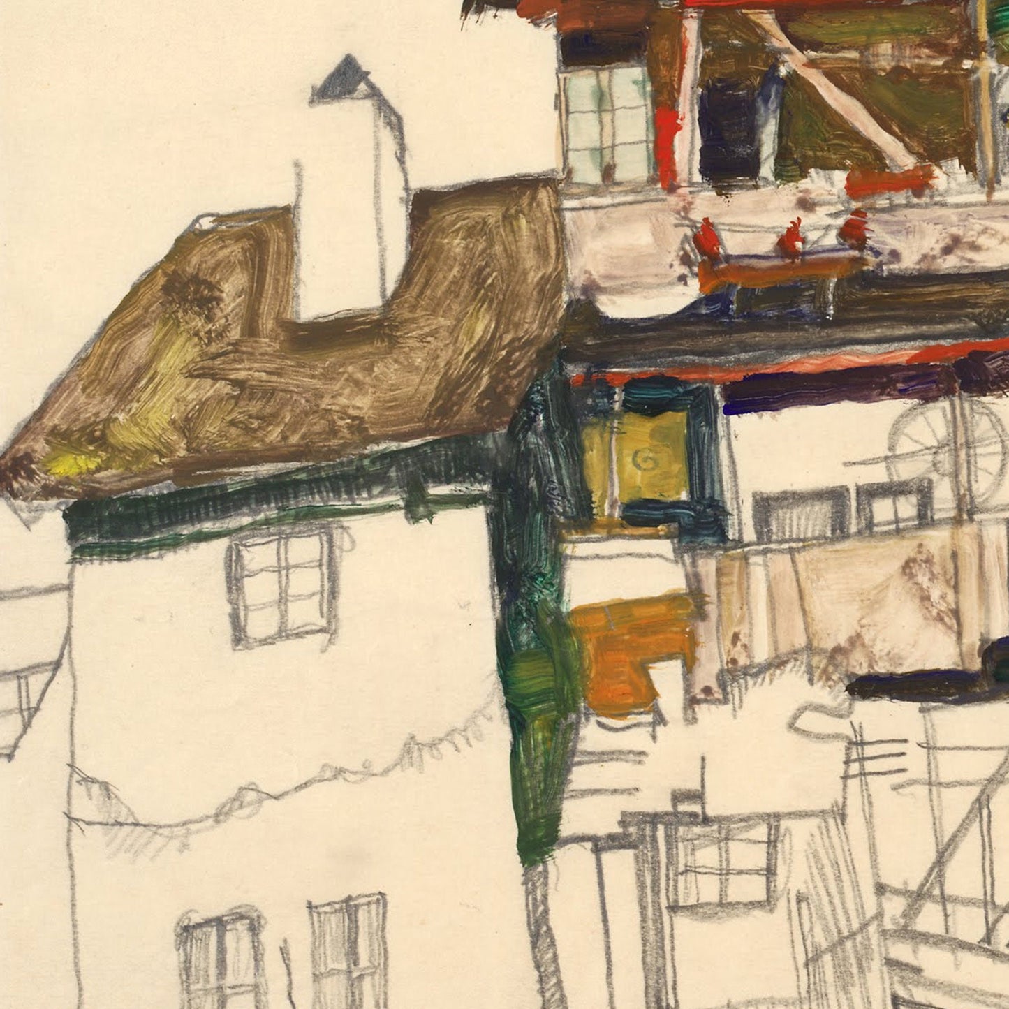 Old Houses in Krumaup by Egon Schiele, 3d Printed with texture and brush strokes looks like original oil painting