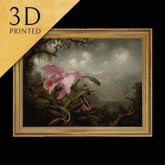 Orchid and Hummingbird by Martin Johnson Heade, 3d Printed with texture and brush strokes looks like original oil painting