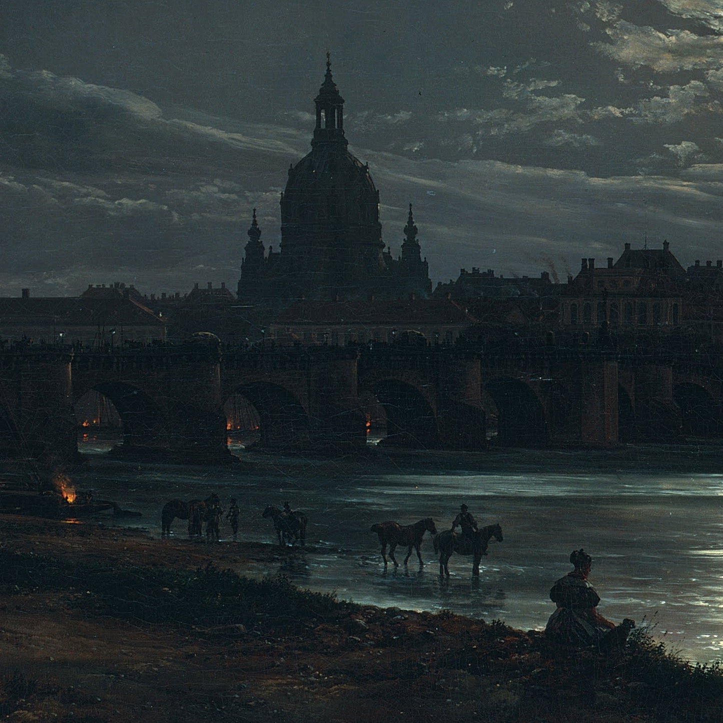 View of Dresden by Moonlight by Johan Christian Dahl, 3d Printed with texture and brush strokes looks like original oil painting