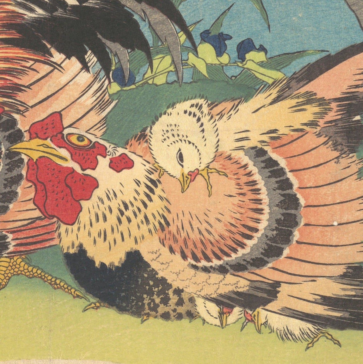 Rooster, Hen and Chicken with Spiderwort by Hokusai, 3d Printed with texture and brush strokes looks like original oil painting.