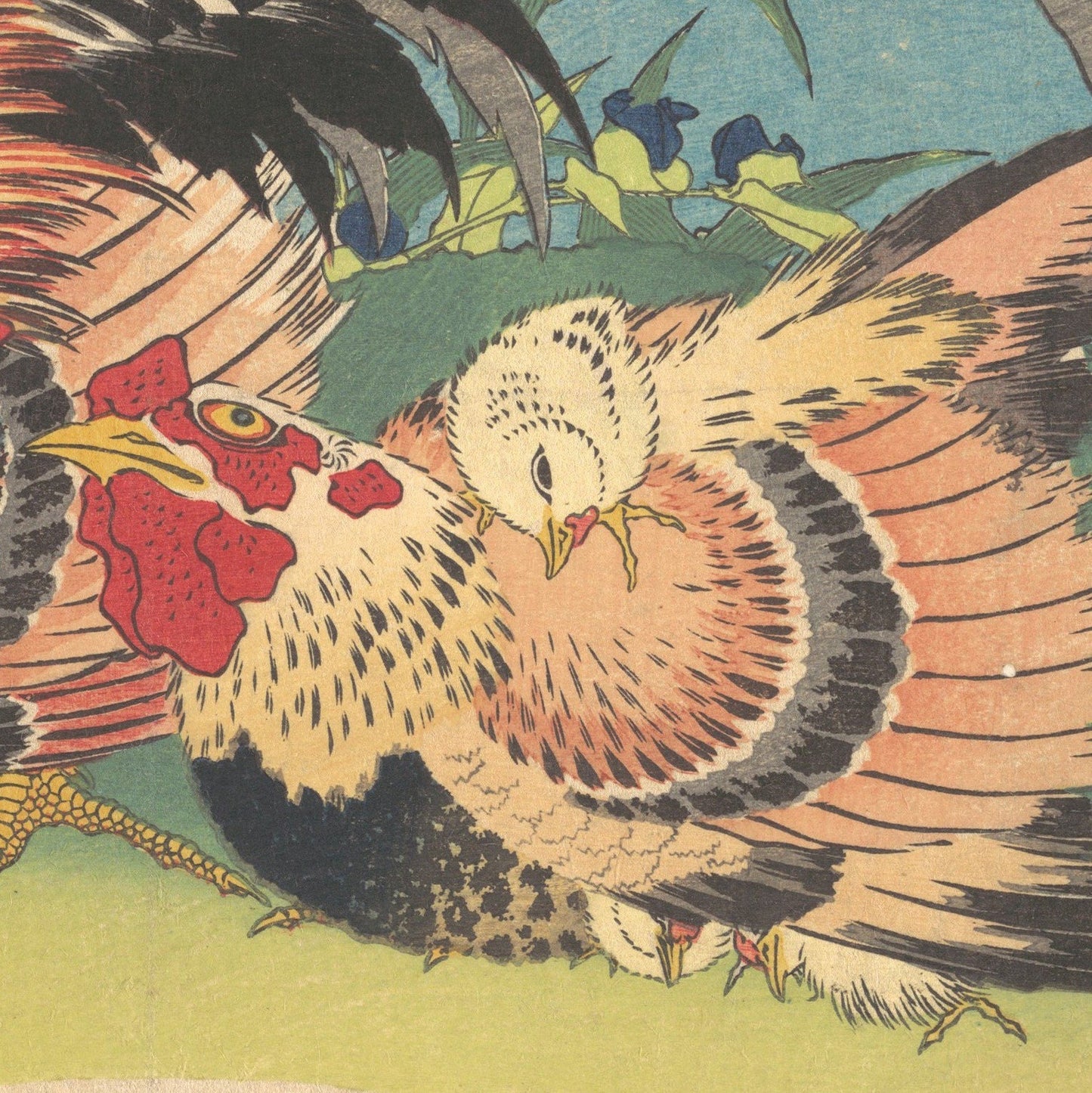 Hokusai Rooster and Hen Print: Textured 3D Japanese Art