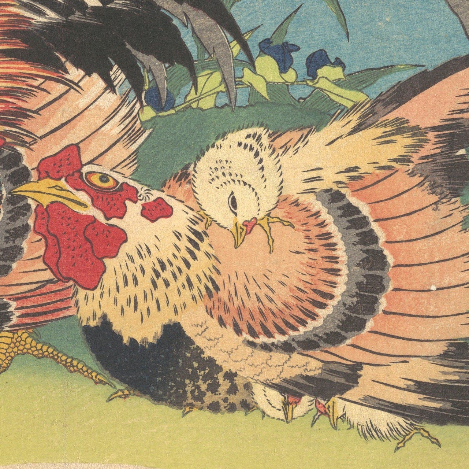 Hokusai Rooster and Hen Print: Textured 3D Japanese Art