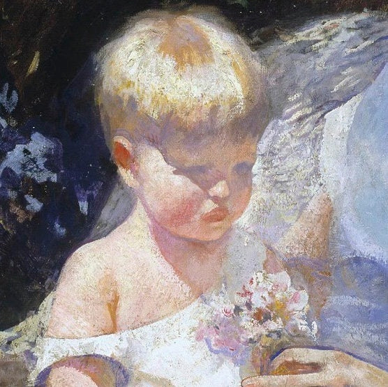 Marjorie and Little Edmund by Edmund C. Tarbell, 3d Printed with texture and brush strokes looks like original oil painting.