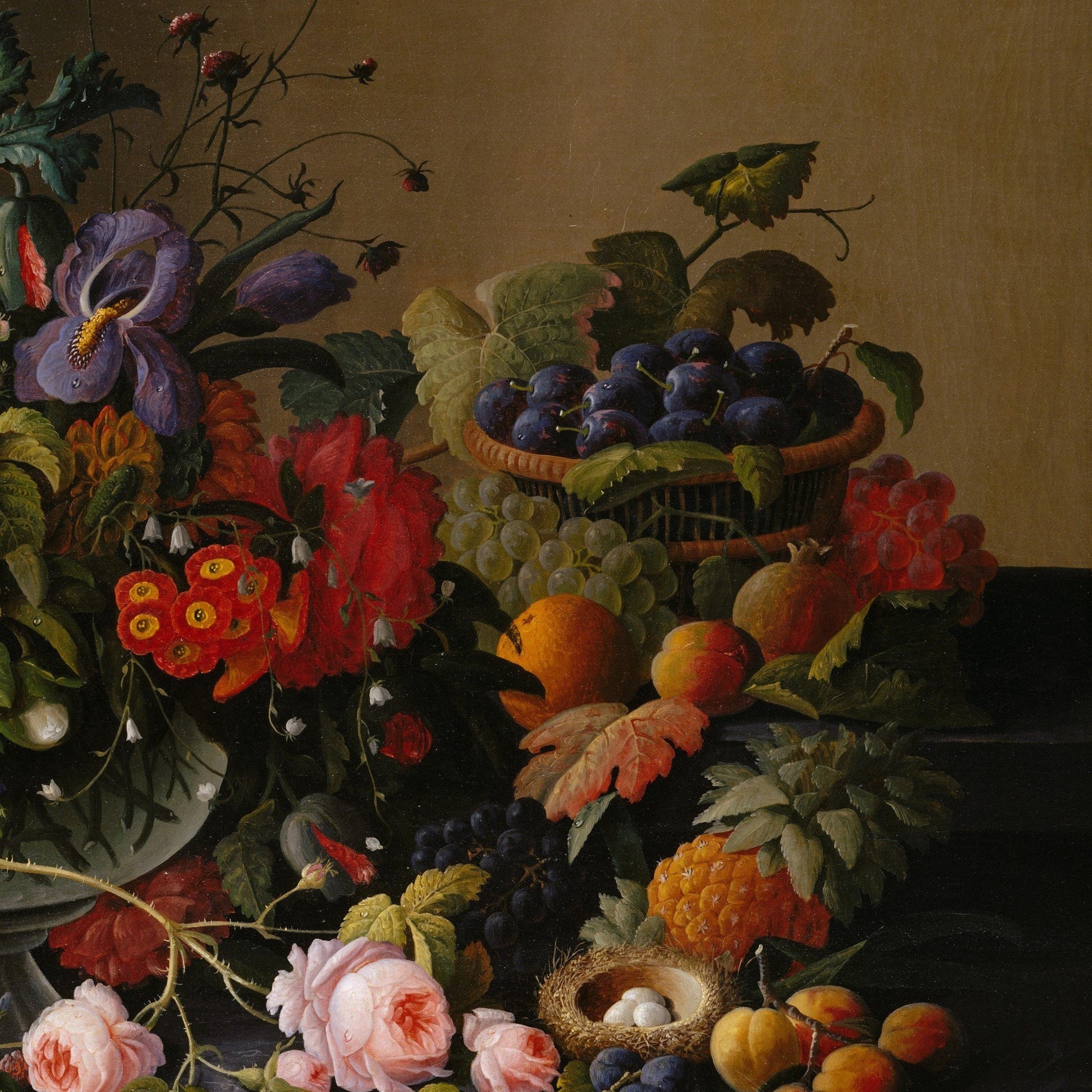 Severin Roesen Still Life Flowers & Fruit: 3D Textured Print