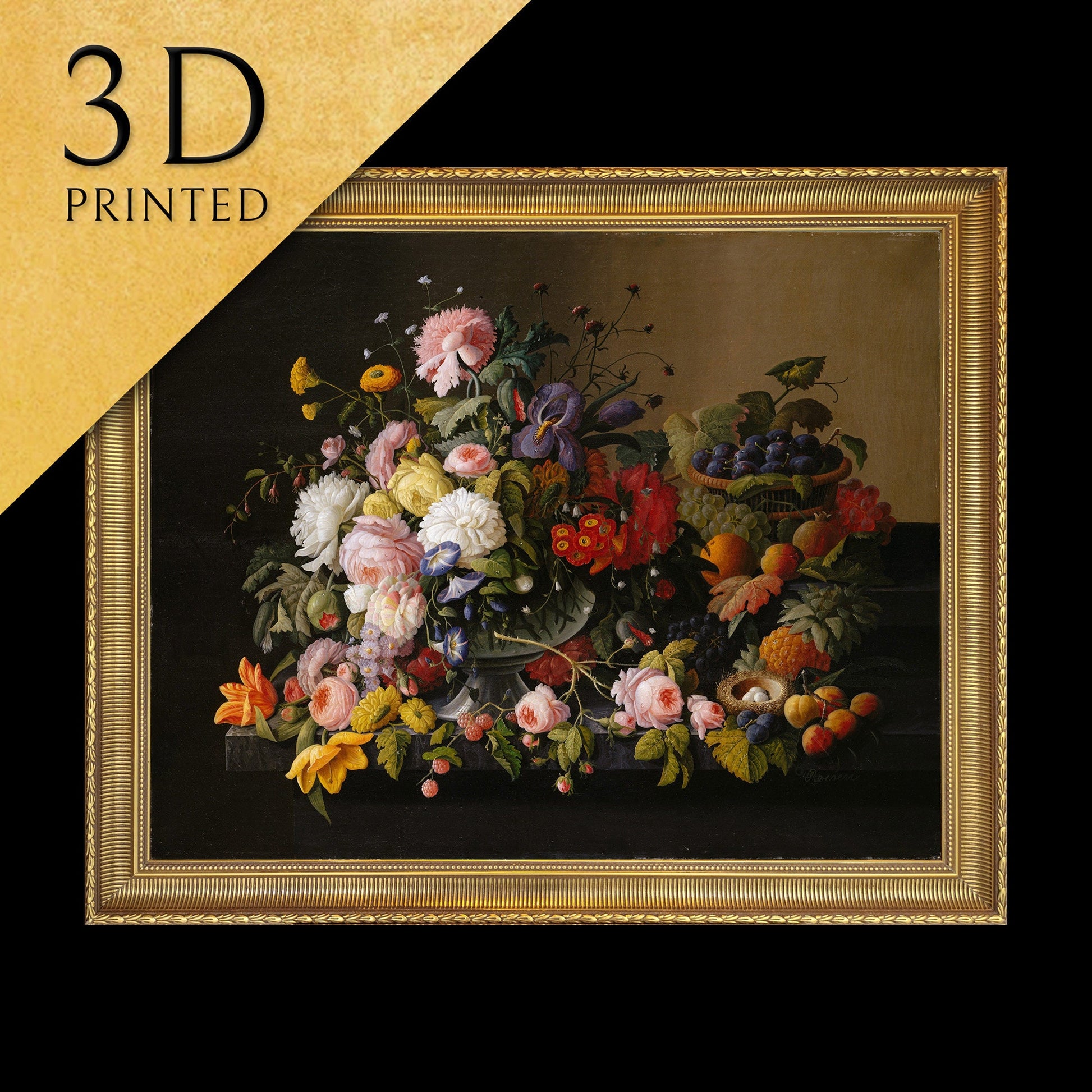 Still Life Flowers and Fruit by Severin Roesen, 3d Printed with texture and brush strokes looks like original oil painting.