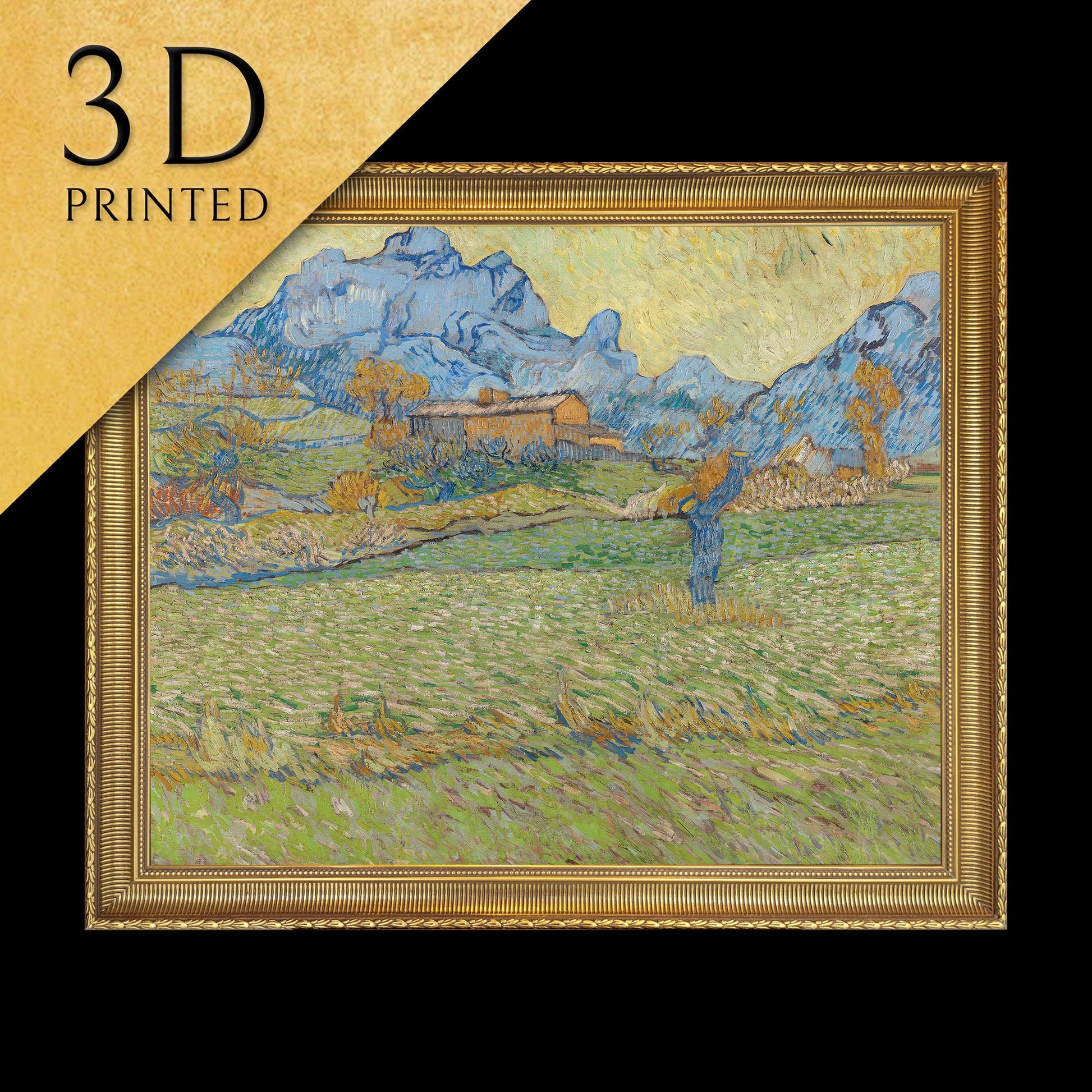 Wheat Fields in A Mountainous by Vincent Van Gogh, 3d Printed with texture and brush strokes looks like original oil painting