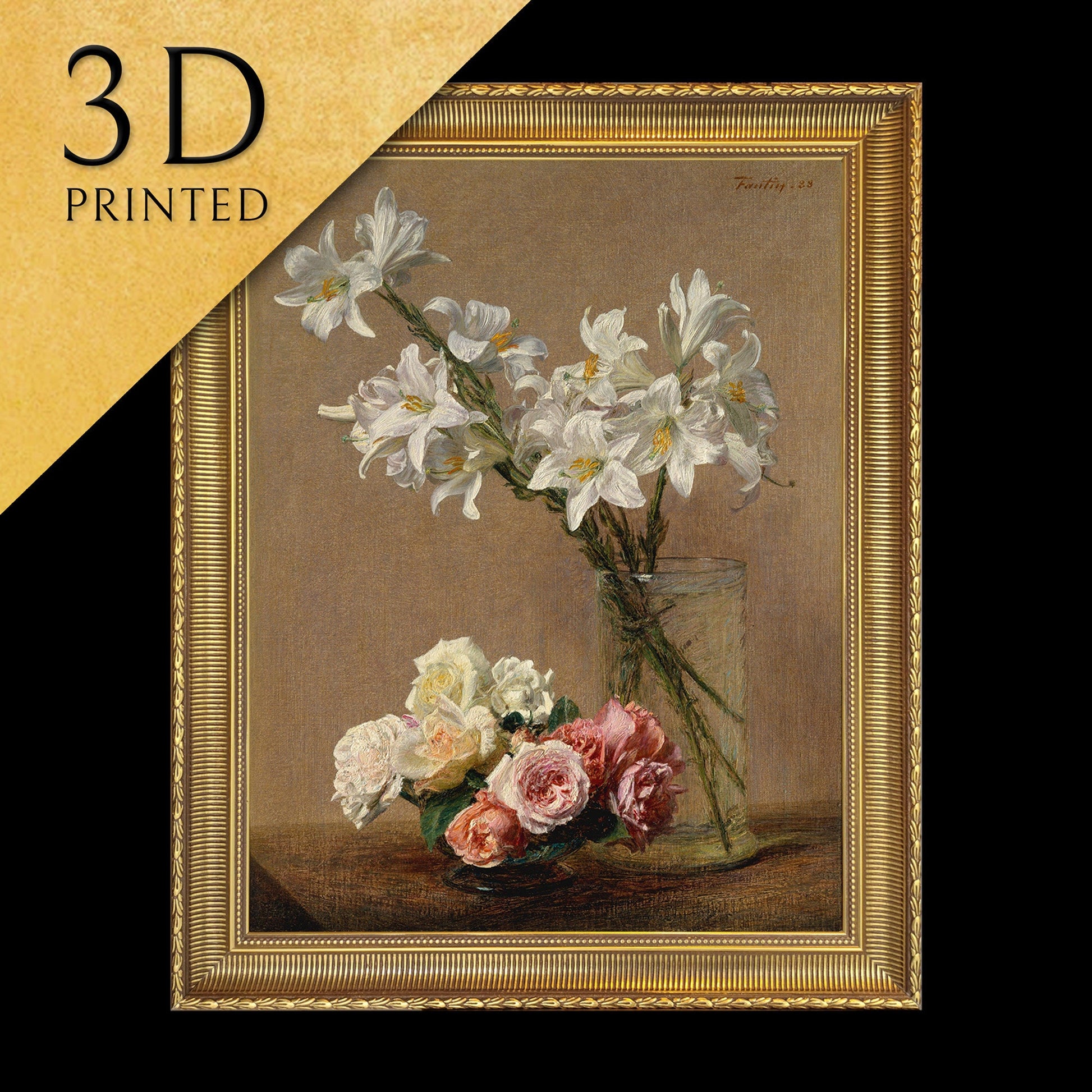 Roses and Lilies by Henri Fantin Latour, 3d Printed with texture and brush strokes looks like original oil painting