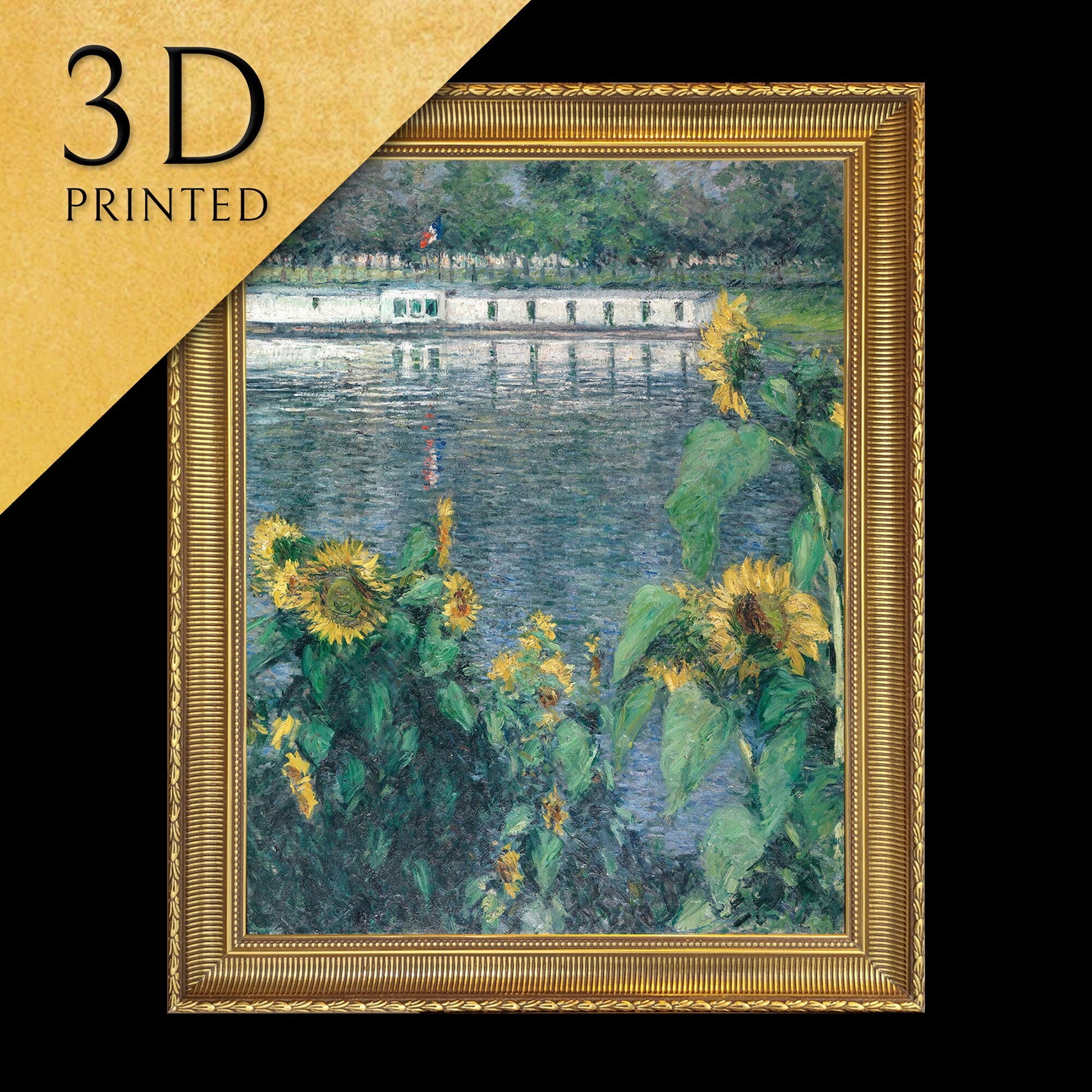 Sunflowers along the Seine by Gustave Caillebotte, 3d Printed with texture and brush strokes looks like original oil painting.