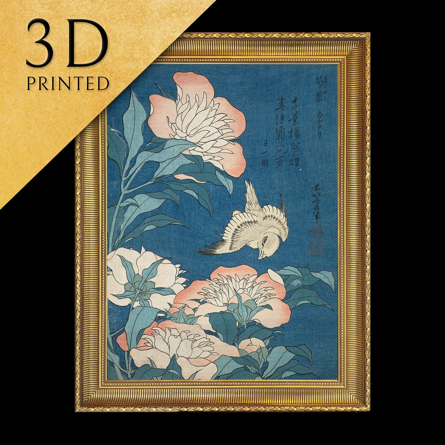 Peonies and Canary by Hokusai, 3d Printed with texture and brush strokes looks like original oil painting.