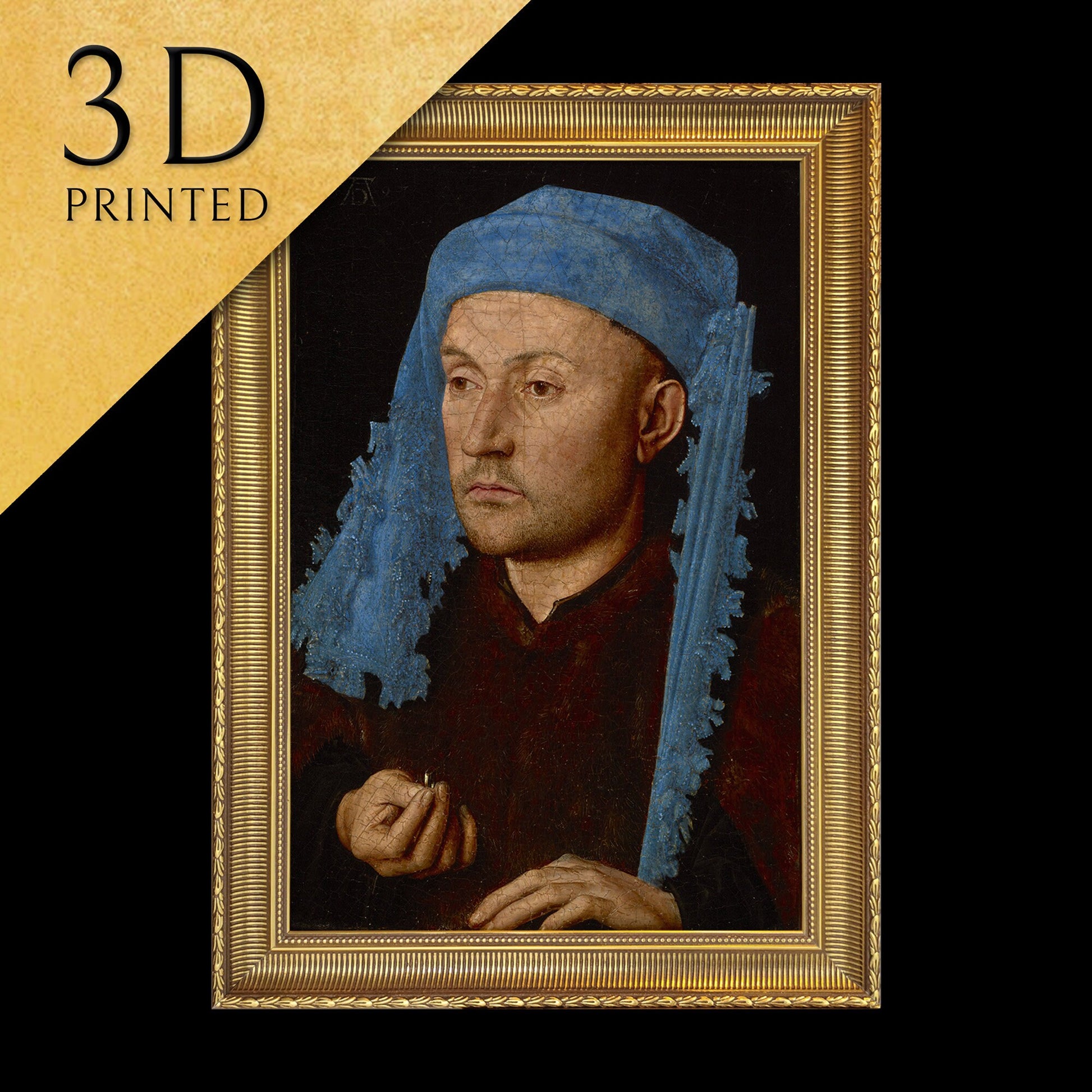 Man in a Blue Cap by Jan Van Eyck, 3d Printed with texture and brush strokes looks like original oil painting.