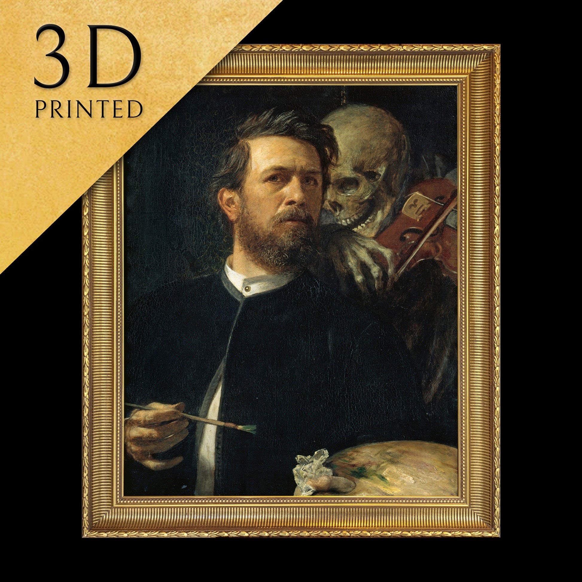 Self Portrait with Death Playing by Arnold Böcklin, 3d Printed with texture and brush strokes looks like original oil painting