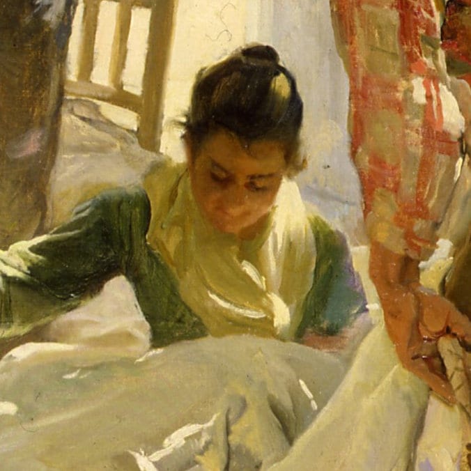 Sewing the Sail by Joaquin Sorolla, 3d Printed with texture and brush strokes looks like original oil painting.