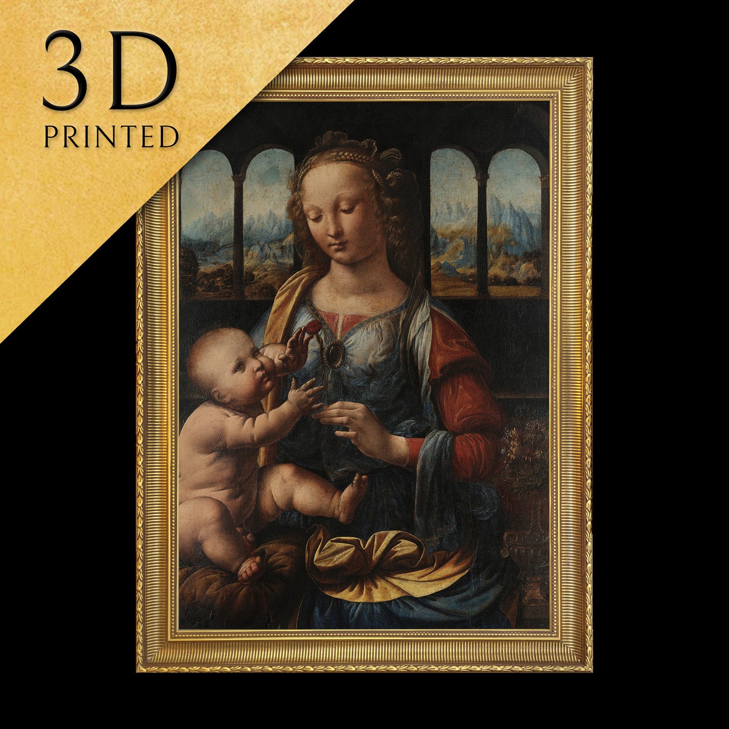 Madonna of the Carnation by Leonardo da Vinci, 3d Printed with texture and brush strokes looks like original oil painting.